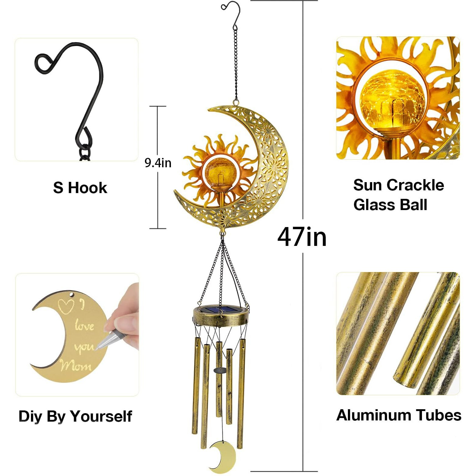Jyps Sun Moon Solar Wind Chimes For Outside Crackle Glass Ball Waterproof Wind Chimes Outdoor Clearance Deep Tone Garden Decor Birthday Unique Gifts For Women Mom Grandma Windchimes Gardening