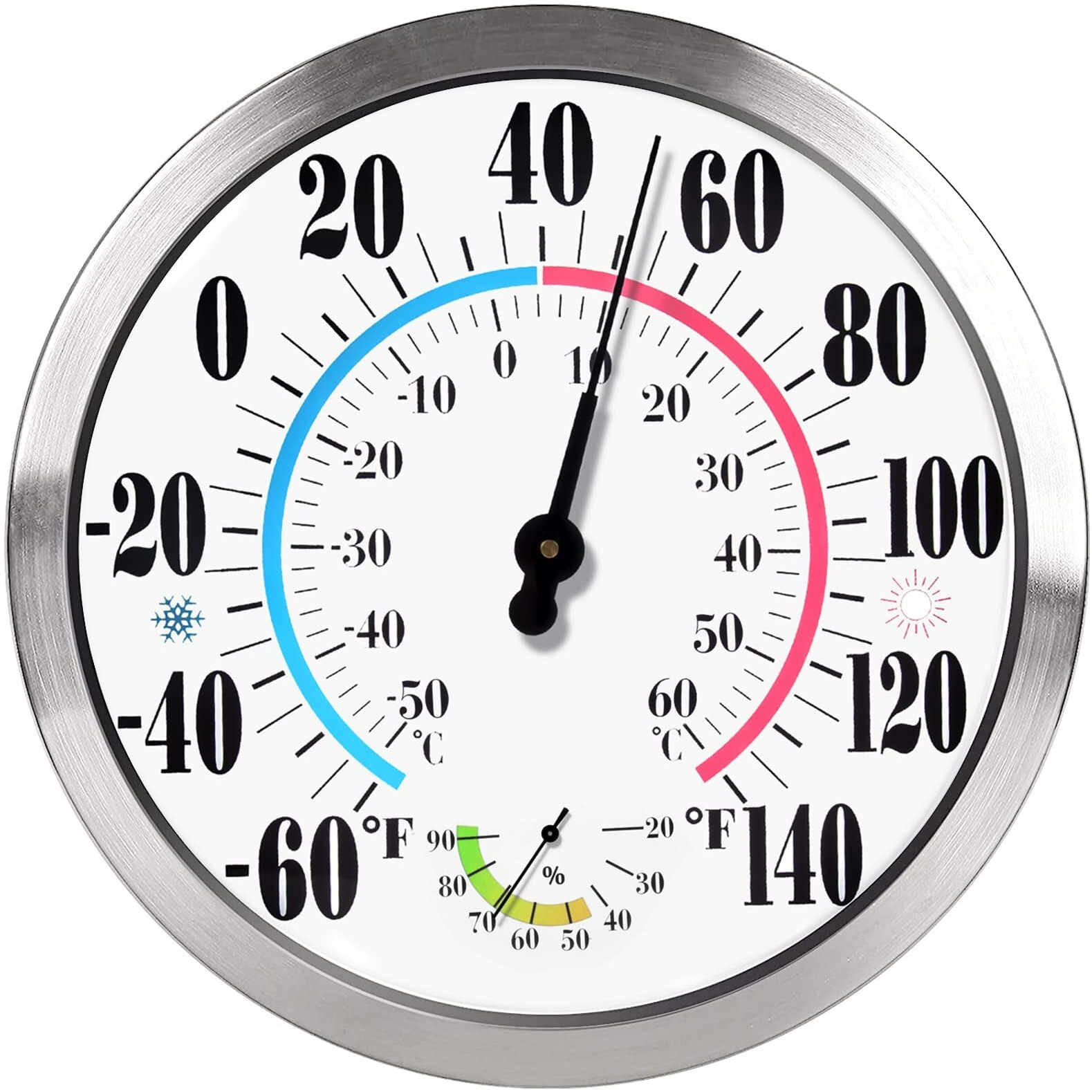 12'' Indoor Outdoor Thermometer Hygrometer - Premium Steel Outdoor Thermometer Large Numbers, Hanging Wall Thermometer Hygrometer For Home, Garden, Patio (No Battery Required)
