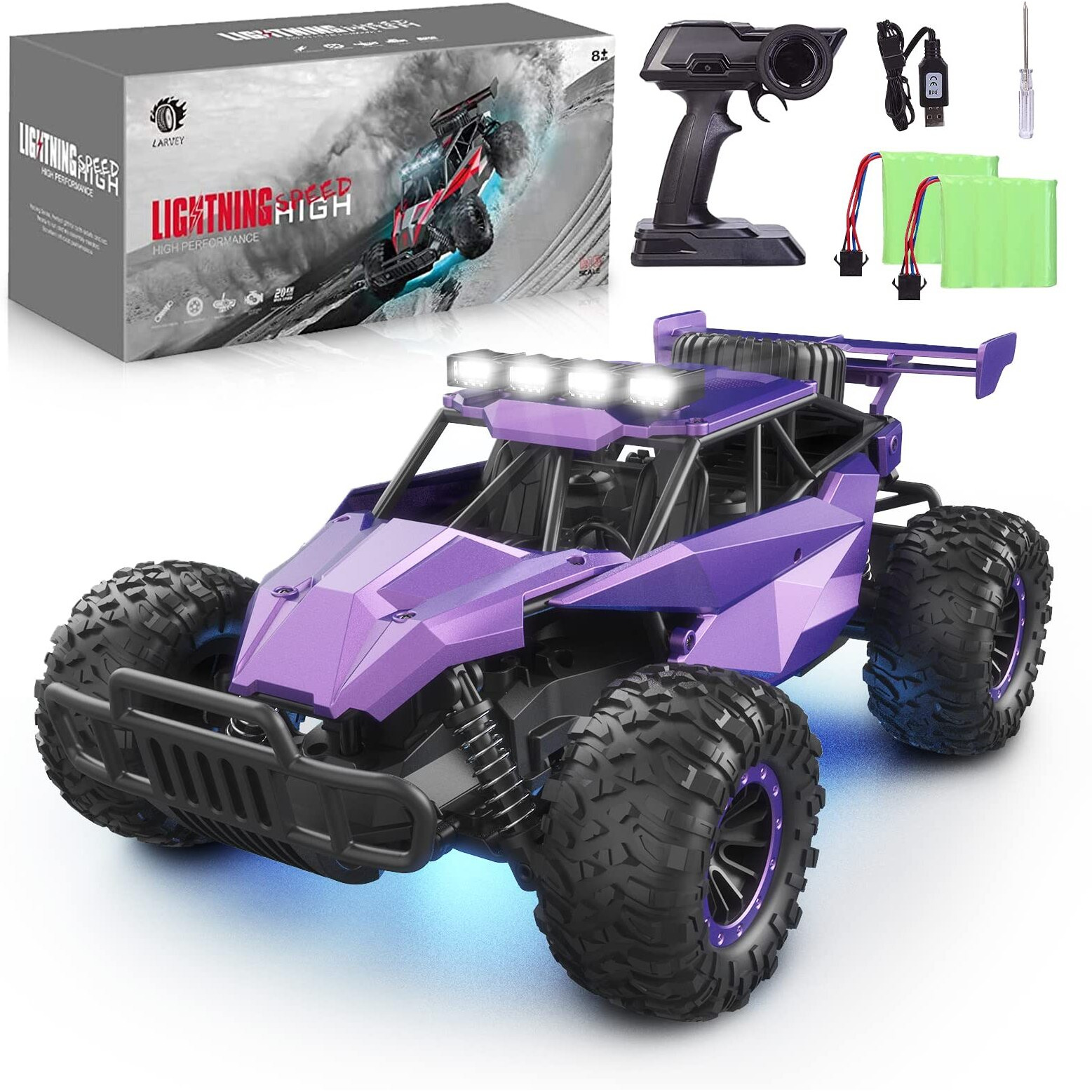 Larvey 2Wd 116 Scale Purple Remote Control Car, 20 Kmh High Speed Girls Remote Control Car Monster Vehicle With Led Headlights And Chassis Lights, Rc Cars For Girls Boys And Adults