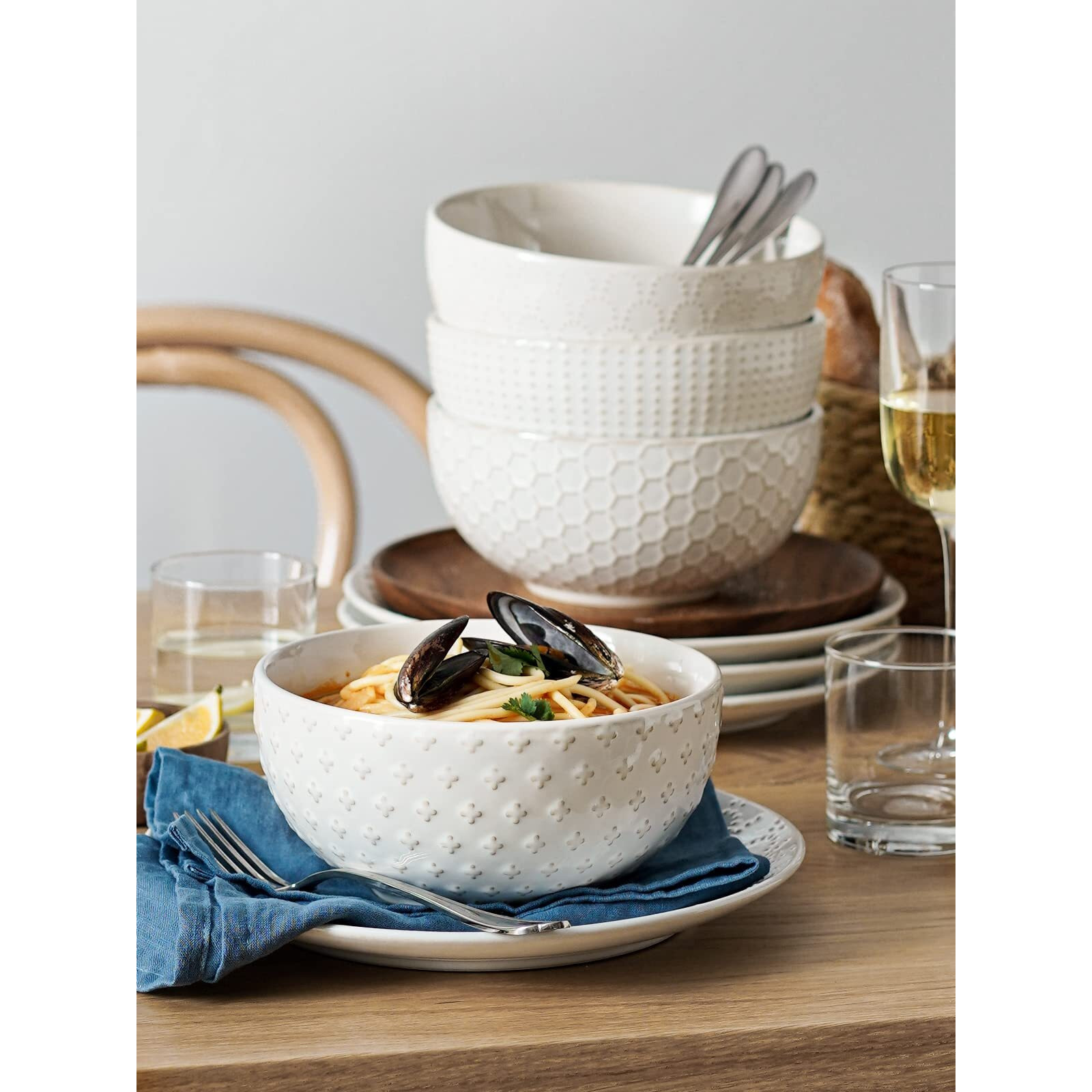 Le Tauci Large Soup Bowl 42 Oz, Ceramic Kitchen Bowl Set For Soup, Pho, Chip, Pasta, Fruits, Salad, Noodle And Ramen- 7 Inch, Set Of 4, Arctic White