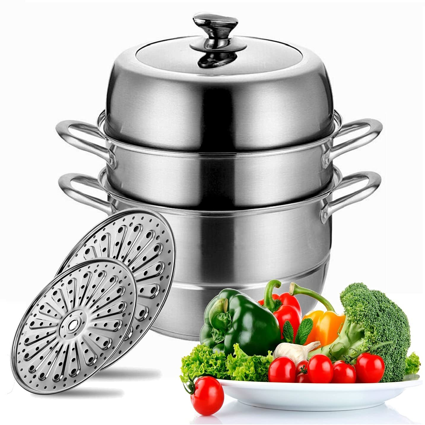 Stainless Steel Steamer Pot Thick-Bottomed, 3 Tier Food Steamer For Cooking, Large Metal Steam Cooker, Work For Induction And Stove, Suitable For Tamale, Vegetable, Dumpling And Seafood
