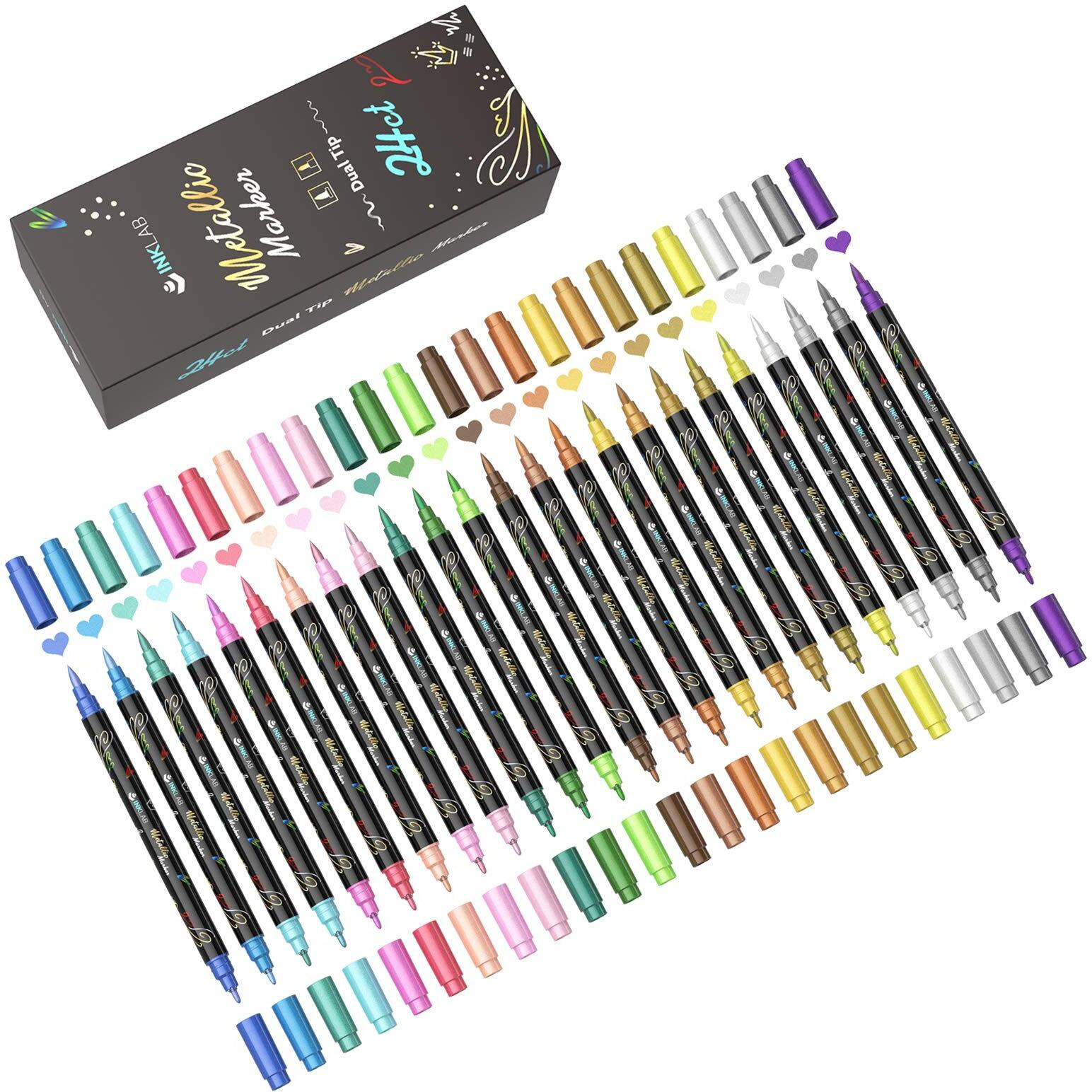 Ink Lab 24Pcs Dual Markers Brush Pens Metallic Art Brush Markers Pens For Card Making Rock Painting Album Scrapbook Metal Wood Ceramic Lettering Calligraphy Drawing