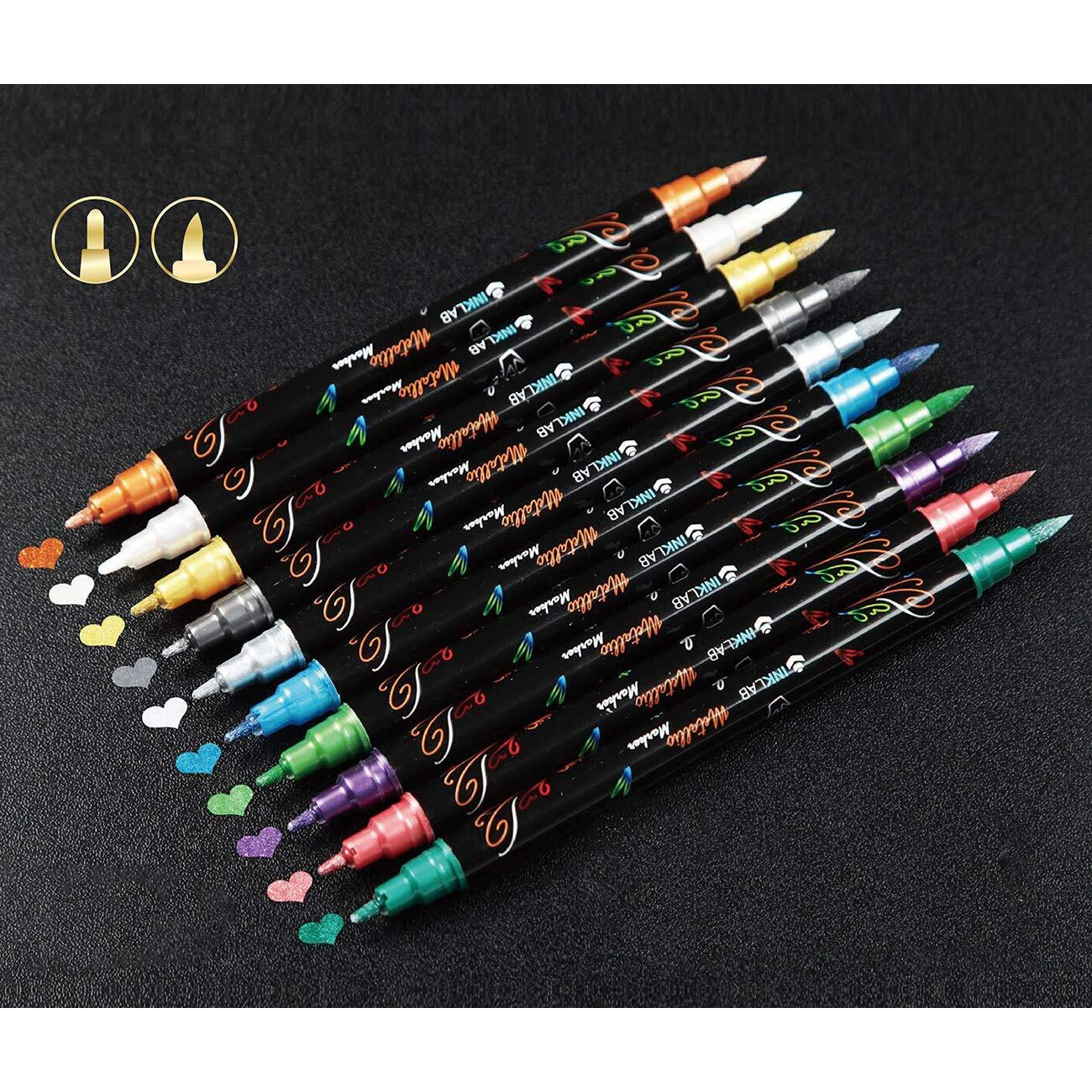 Ink Lab 24Pcs Dual Markers Brush Pens Metallic Art Brush Markers Pens For Card Making Rock Painting Album Scrapbook Metal Wood Ceramic Lettering Calligraphy Drawing