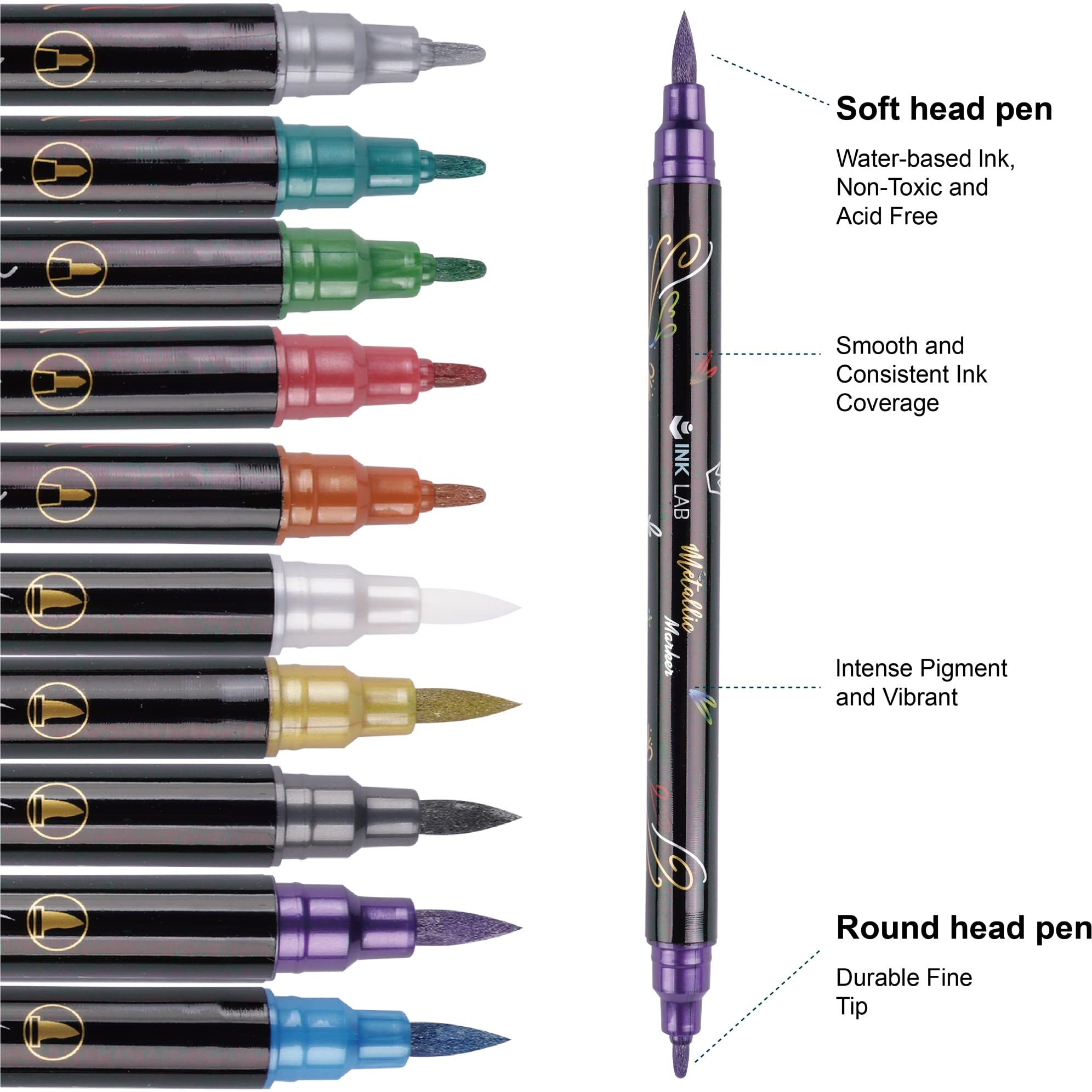 Ink Lab 24Pcs Dual Markers Brush Pens Metallic Art Brush Markers Pens For Card Making Rock Painting Album Scrapbook Metal Wood Ceramic Lettering Calligraphy Drawing