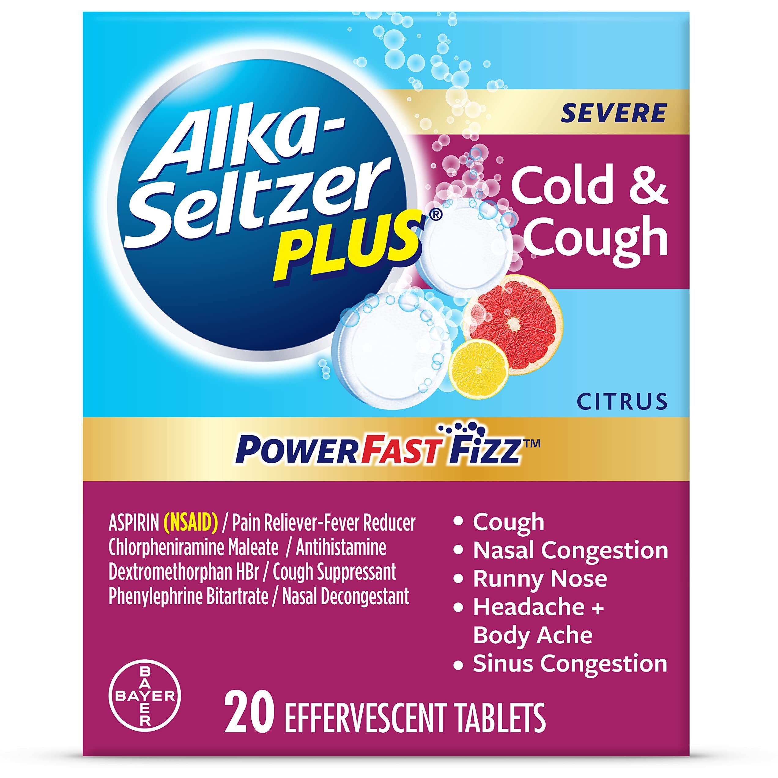 Alka Seltzer Plus Severe Non-Drowsy Cold  Cough Powerfast Fizz Effervescent Common Cold Tablets, Sinus Congestion, Runny Nose, And Dry Cough, Citrus Flavor, 20 Count (Pack Of 1)