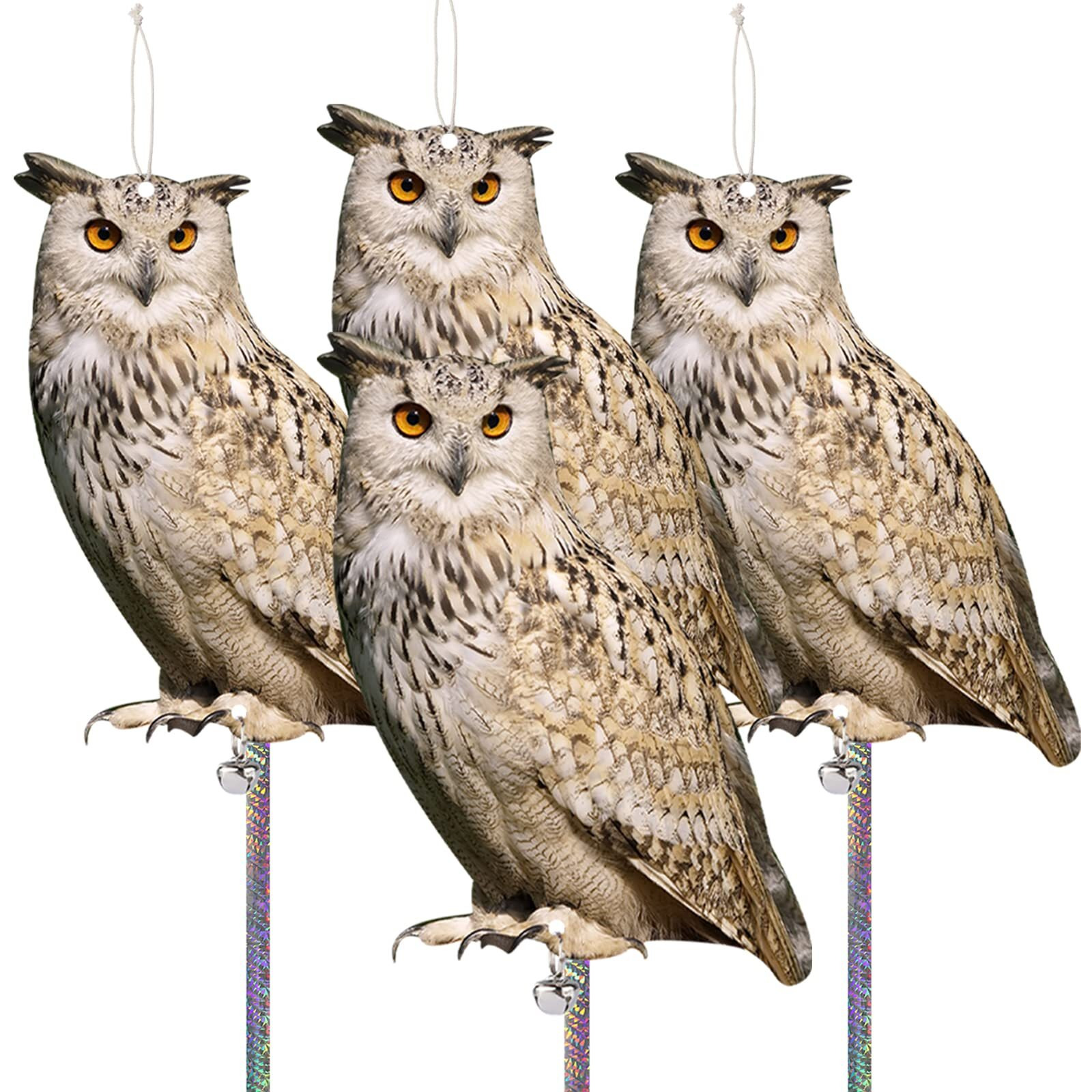 Kungfu Mall 4Pcs Fake Owls Plastic Owl Hanging Flat Garden Owl With Reflective Tape For Balcony House Windows Outside Porch Yard Decor