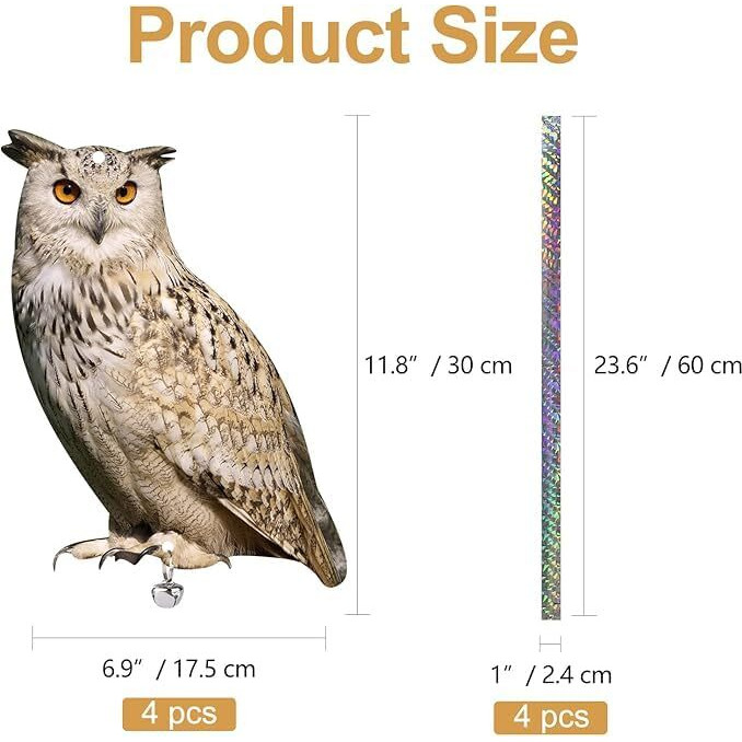 Kungfu Mall 4Pcs Fake Owls Plastic Owl Hanging Flat Garden Owl With Reflective Tape For Balcony House Windows Outside Porch Yard Decor