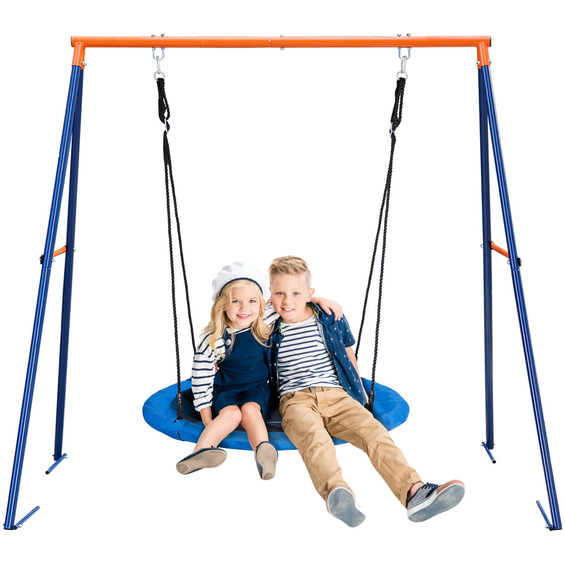 Super Deal Outdoor Kids Swing Set 40 Inch Saucer Swing With Frame Combo, Saucer Tree Swing And Heavy Duty Steel A Frame Playset For Backyard, 4 Ground Stakes And Adjustable Ropes, 440 Lbs Blue