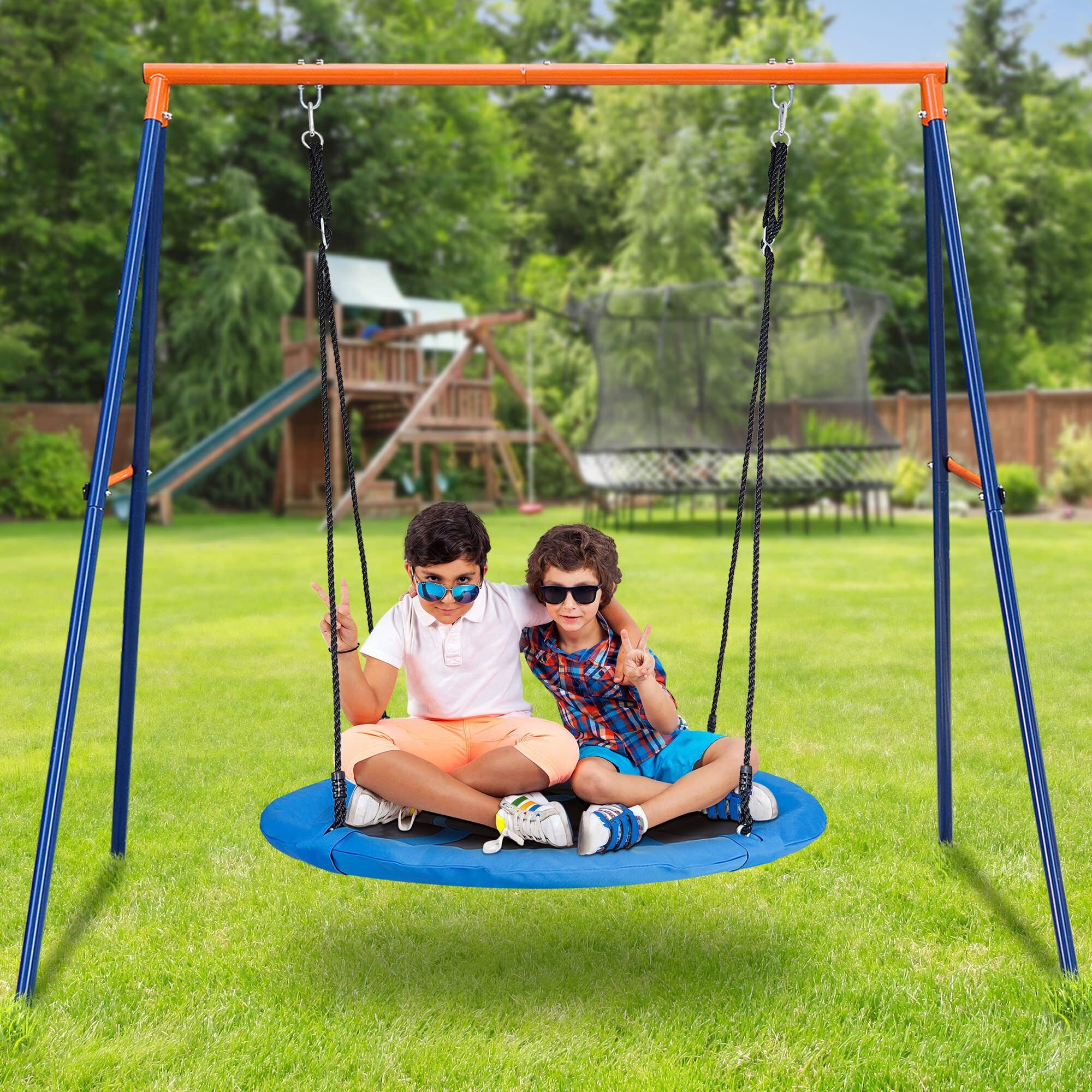 Super Deal Outdoor Kids Swing Set 40 Inch Saucer Swing With Frame Combo, Saucer Tree Swing And Heavy Duty Steel A Frame Playset For Backyard, 4 Ground Stakes And Adjustable Ropes, 440 Lbs Blue