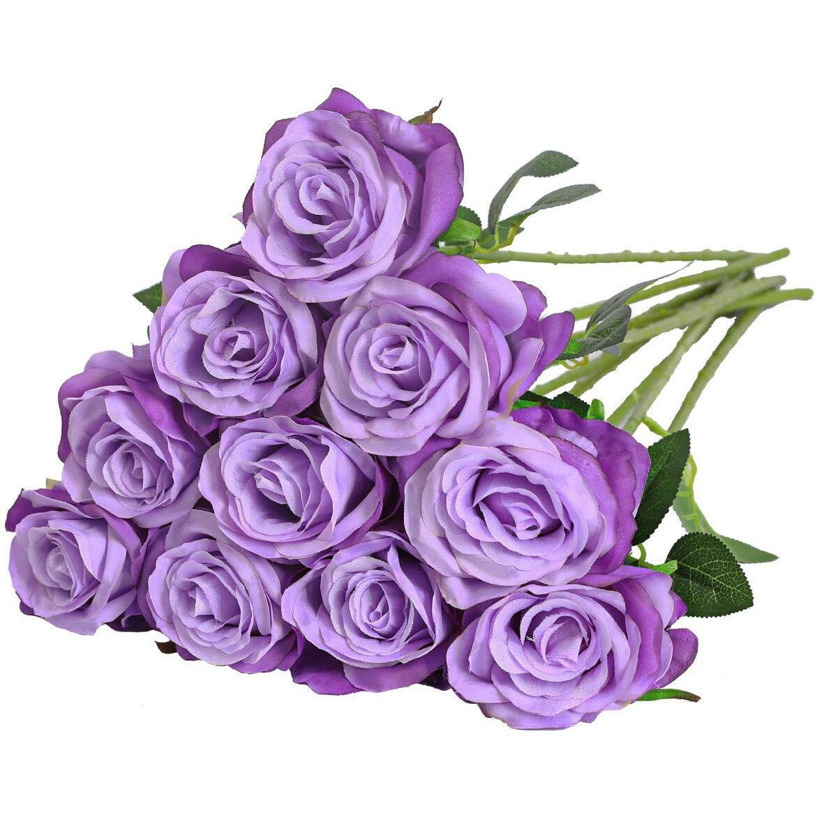Nubry Artificial Silk Rose Flower Bouquet Lifelike Fake Rose For Wedding Home Party Decoration Event Gift 10Pcs (Light Purple)
