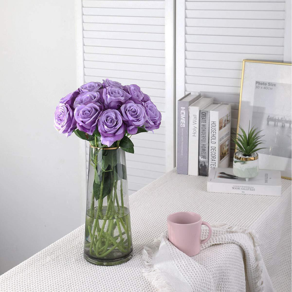 Nubry Artificial Silk Rose Flower Bouquet Lifelike Fake Rose For Wedding Home Party Decoration Event Gift 10Pcs (Light Purple)