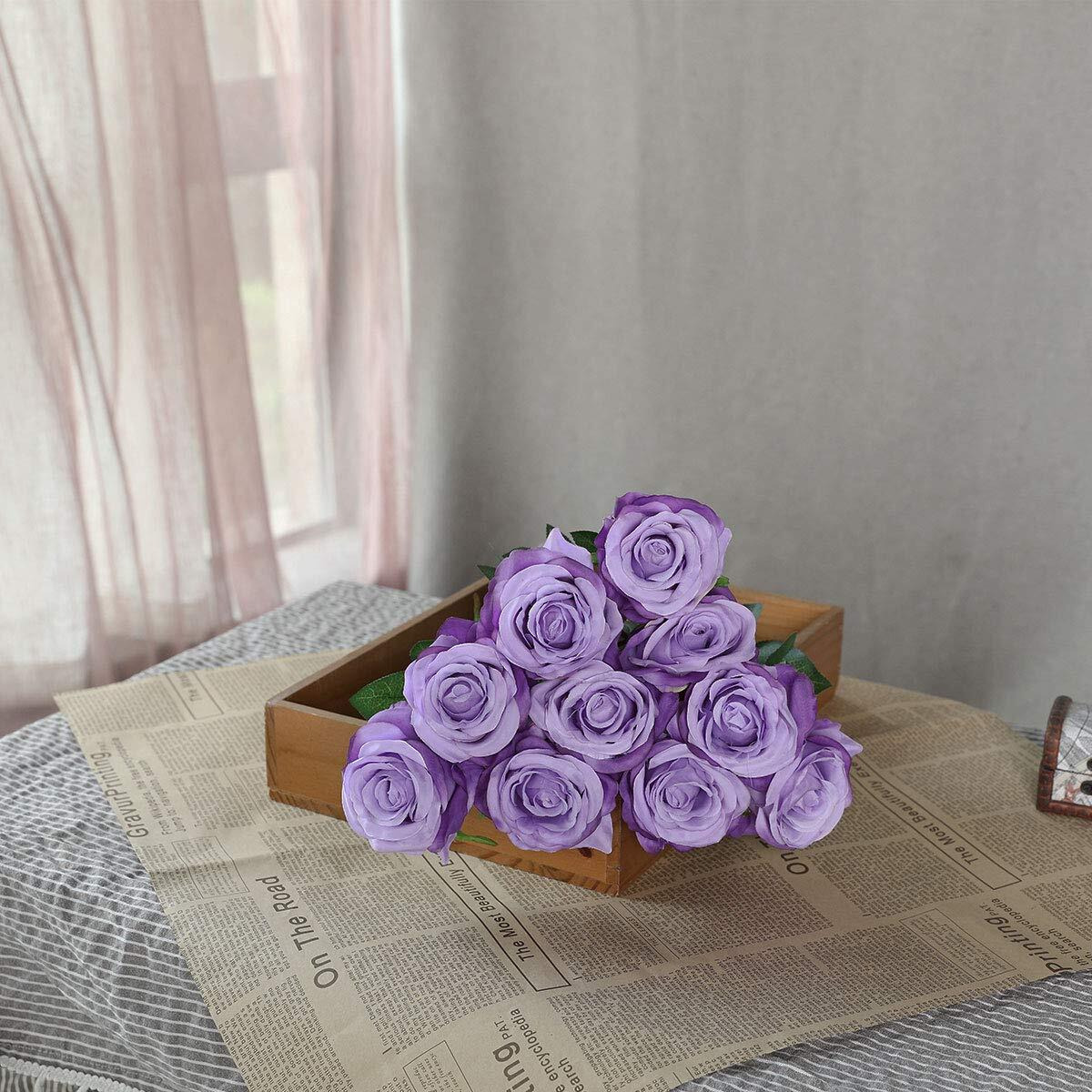 Nubry Artificial Silk Rose Flower Bouquet Lifelike Fake Rose For Wedding Home Party Decoration Event Gift 10Pcs (Light Purple)