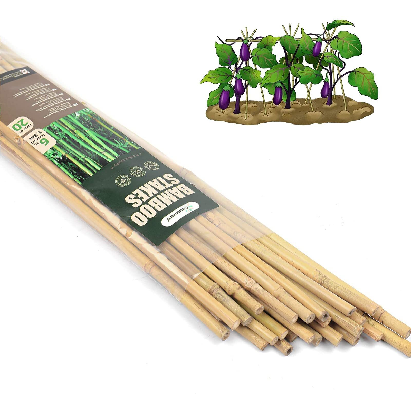 Cambaverd 6Ft Bamboo Garden Stakes Eco-Friendly Plant Stakes 6 Feet, Bamboo Poles For Tomatoes Beans Climbing Plants Support - Pack Of 20 Bamboo Stakes Natural