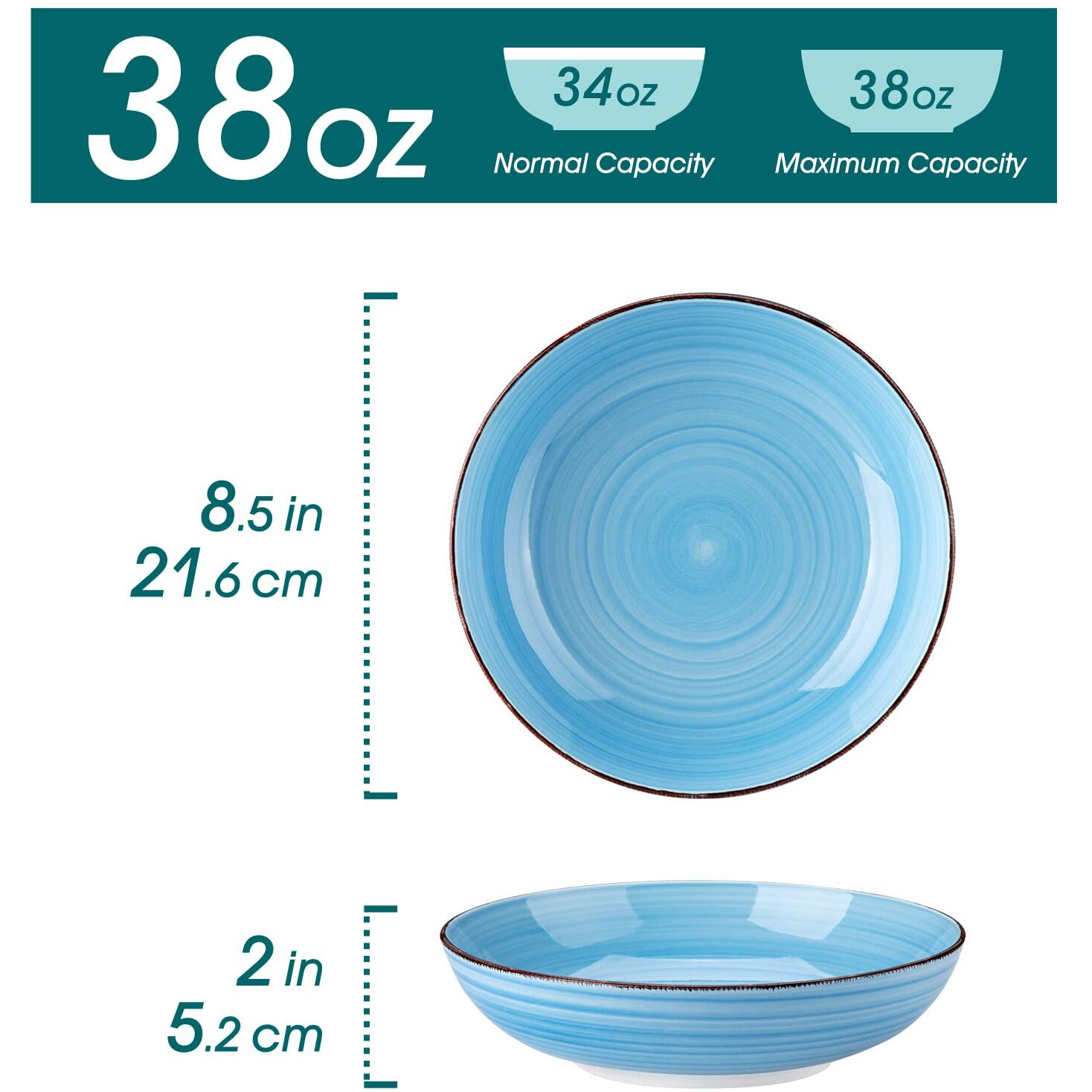 Vancasso Bonita Pasta Bowls Set Of 6, 38 Oz Shallow Bowls, Ceramic Pasta Plates And Salad Bowls, Microwave & Dishwasher Safe Serving Bowls, Blue