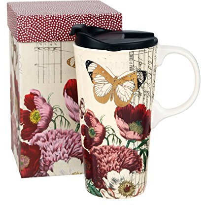 Topadorn 17 Oz Ceramic Mug Travel Cup With Handle And Gift Box Red Flower And Butterfly