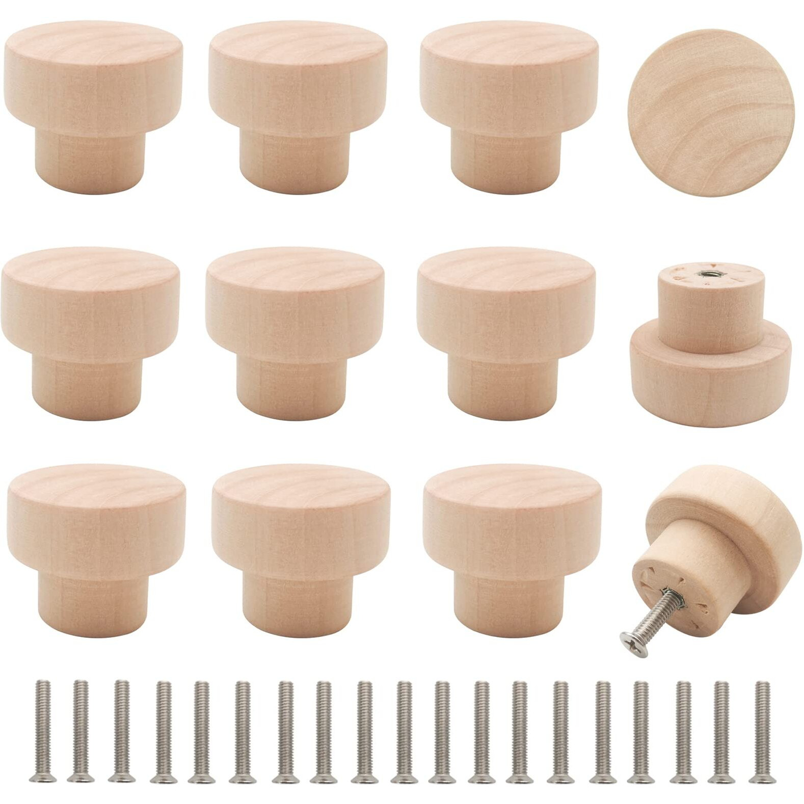 Bmgop 16Pcs Wood Knobs Flat Top Round Cabinet Knobs 1.39""(35Mm) Unfinished Wooden Furniture Drawer Knobs Pulls Handles