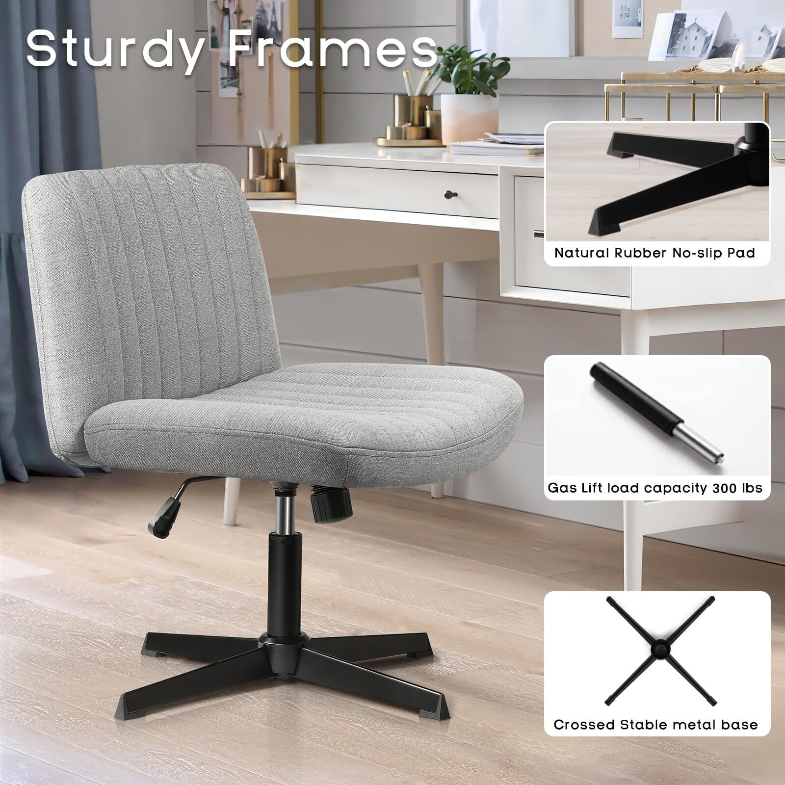 Pukami Criss Cross Chair,Armless Cross Legged Office Desk Chair No Wheels,Fabric Padded Modern Swivel Height Adjustable Mid Back Wide Seat Computer Task Vanity Chair For Home Office(Grey)