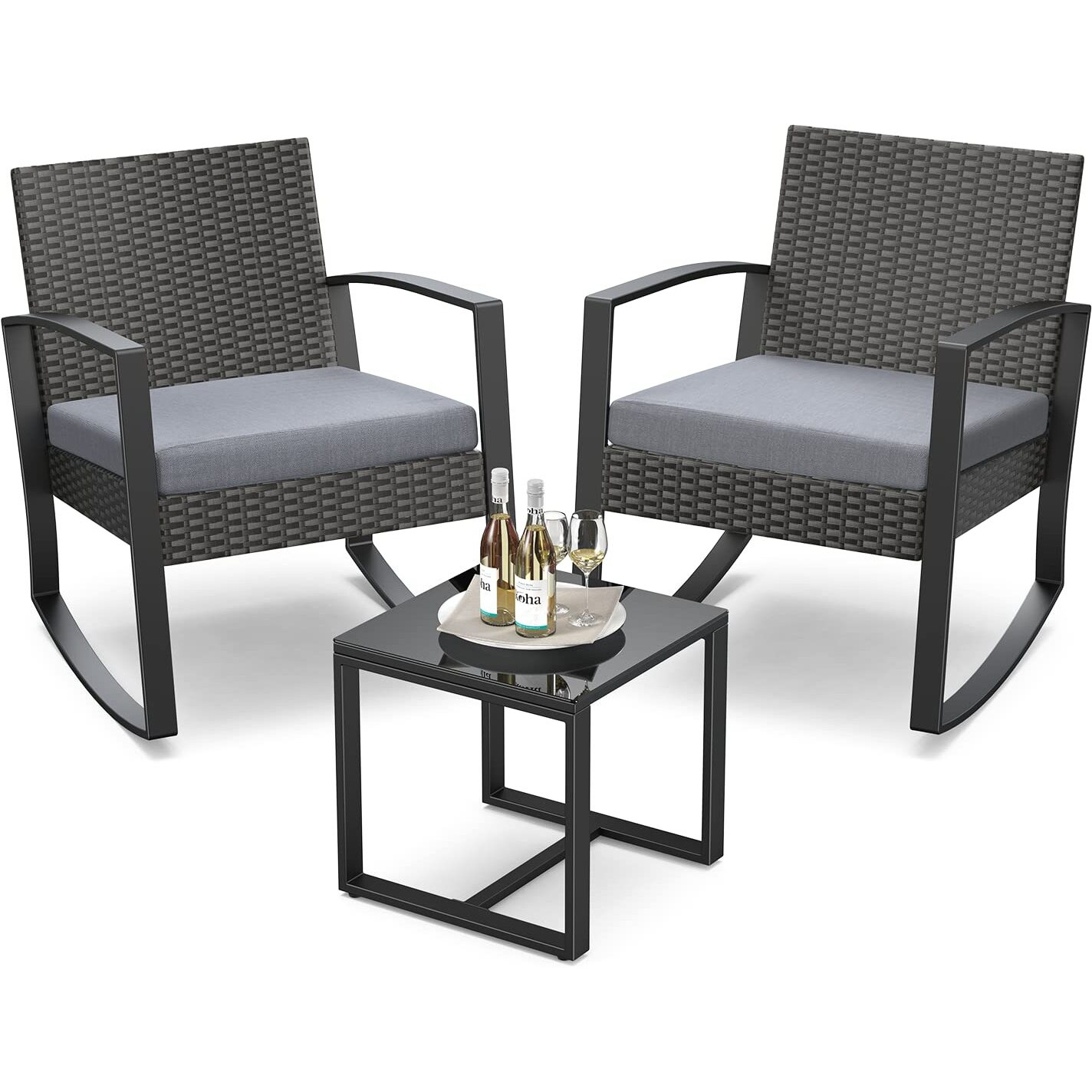 Qsun 3 Pieces Patio Furniture Set Rocking Bistro Set Outdoor Rattan Conversation With Coffee Table For Garden Balcony Backyard Poolside (Grey Cushion)