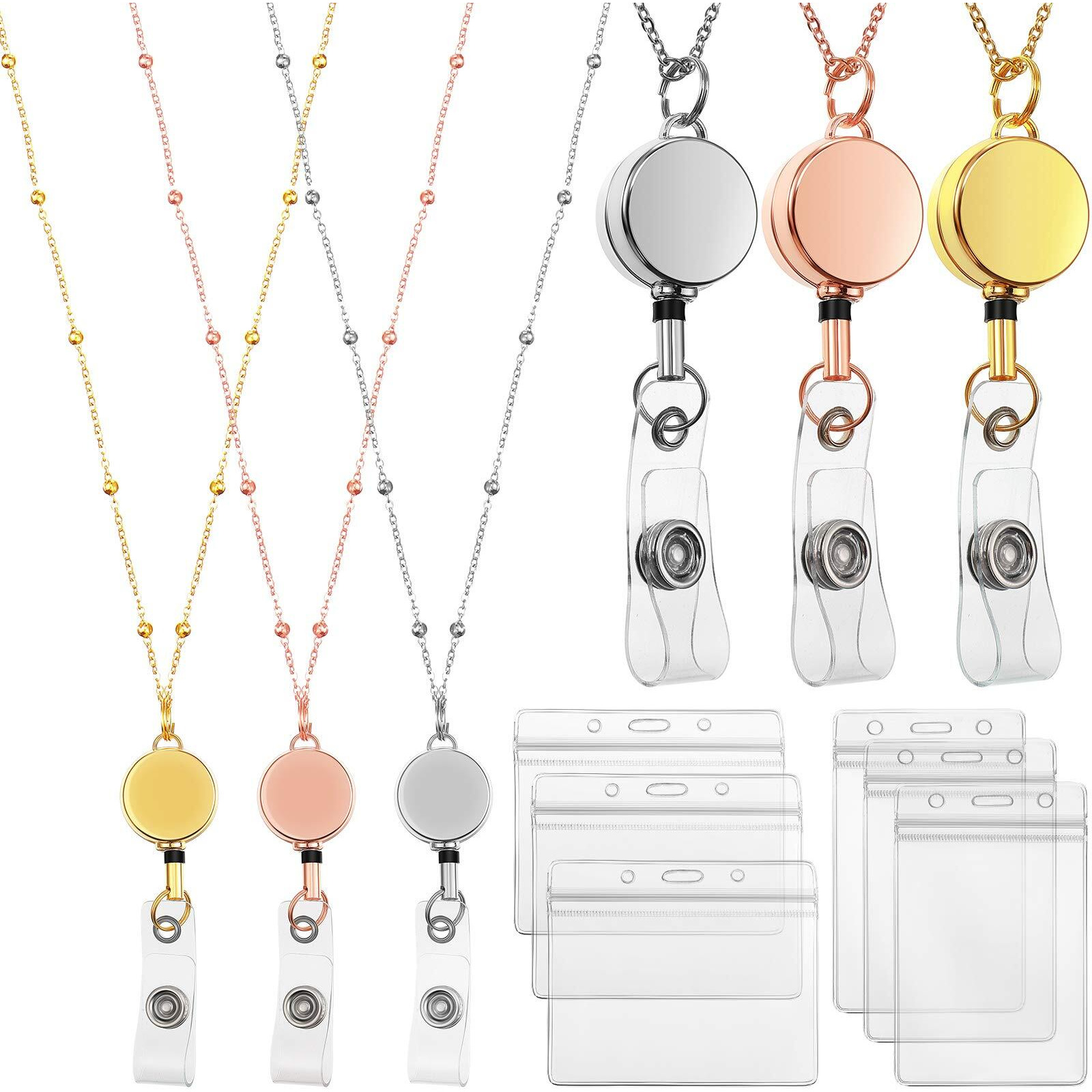 Zonon Retractable Badge Reel Lanyard With Id Holder, 3 Pieces Beaded Badge Lanyard Necklace With 6 Waterproof Name Card Holder Stainless Steel Id Necklace For Women Men(Rose Gold, Silver, Gold)