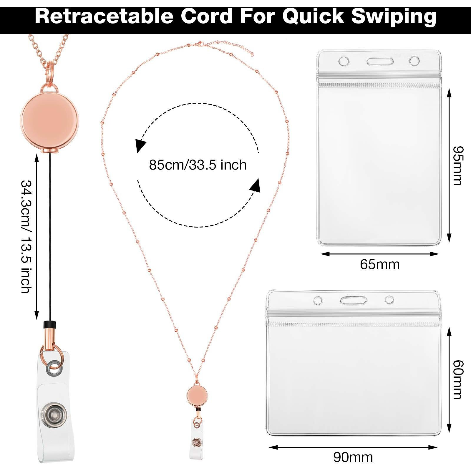 Zonon Retractable Badge Reel Lanyard With Id Holder, 3 Pieces Beaded Badge Lanyard Necklace With 6 Waterproof Name Card Holder Stainless Steel Id Necklace For Women Men(Rose Gold, Silver, Gold)