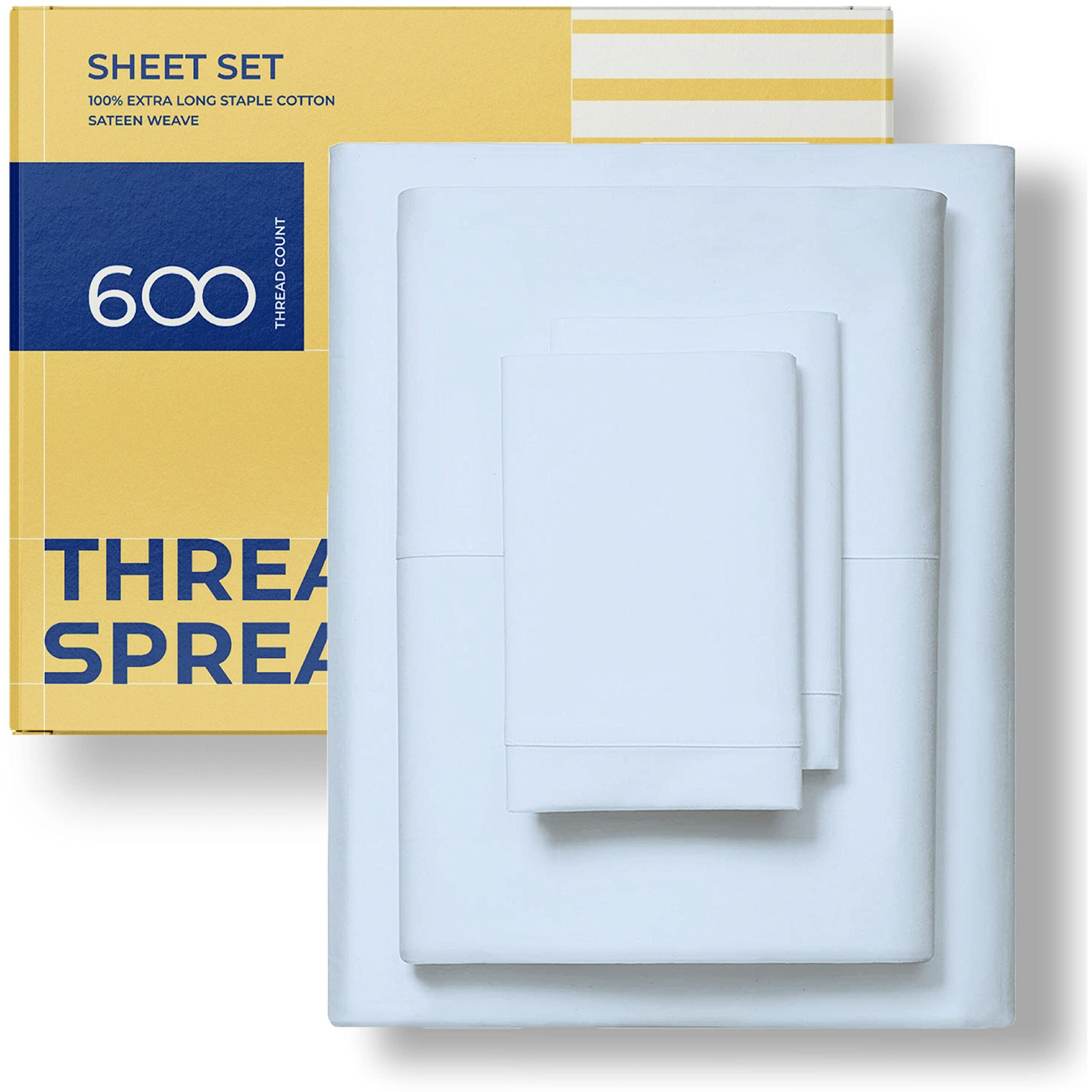 Thread Spread 600-Thread-Count 100 Cotton Sheets - King Size Luxury Hotel Egyptian Cotton Quality Soft Bed Sheets For King Beds, Sateen Weave, Deep Pocket Fitted 4 Pc Bedding Set (King, Light Blue)