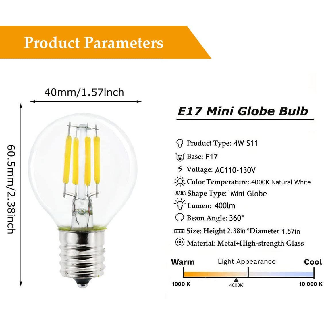 S11 Led Light Bulb,4W Equal To 40W E17 Intermediate Base Mini Globe Bulb, Natural White 4000K,For Desk Lamp,Cabinet,Closet Non-Dimmable 5-Pack
