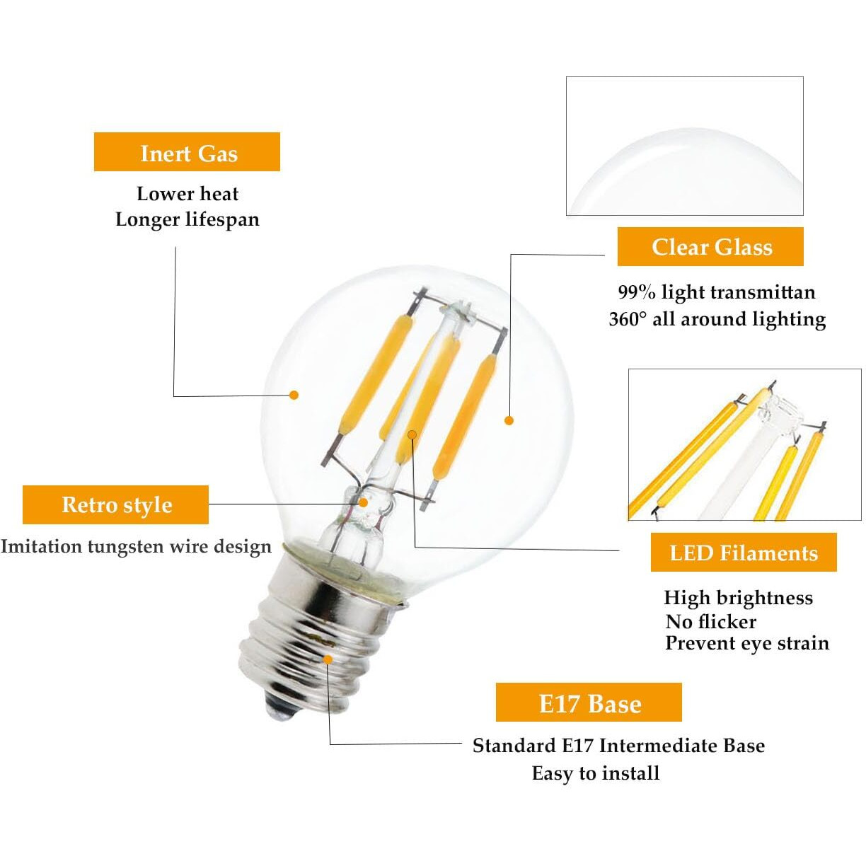 S11 Led Light Bulb,4W Equal To 40W E17 Intermediate Base Mini Globe Bulb, Natural White 4000K,For Desk Lamp,Cabinet,Closet Non-Dimmable 5-Pack