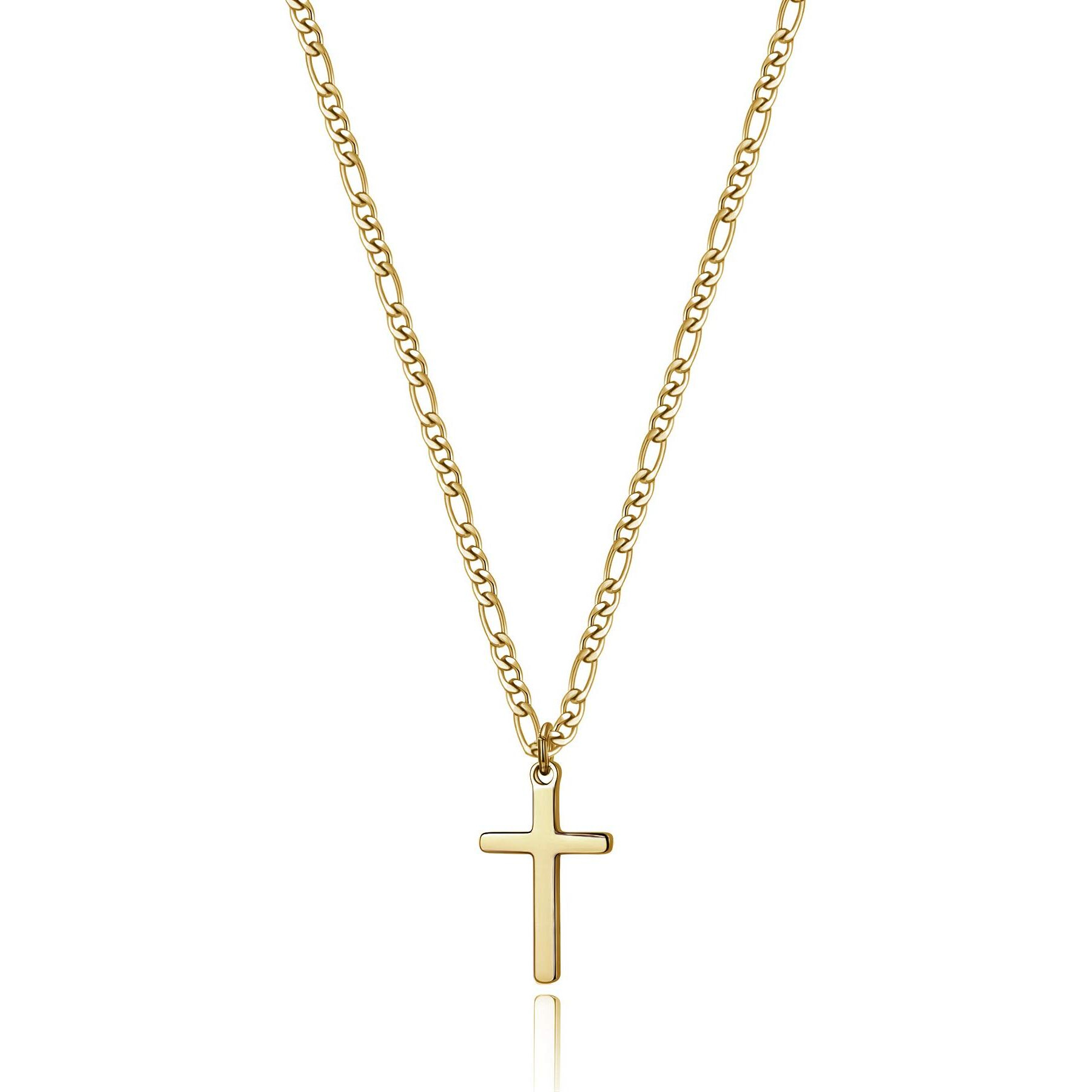 Cross Necklace For Men Polished 14K Gold Filled Stainless Steel Plain Cross Pendant Figaro Chain Necklace Simple Religious Jewelry Gift For Boy Women Girls 24 Inches