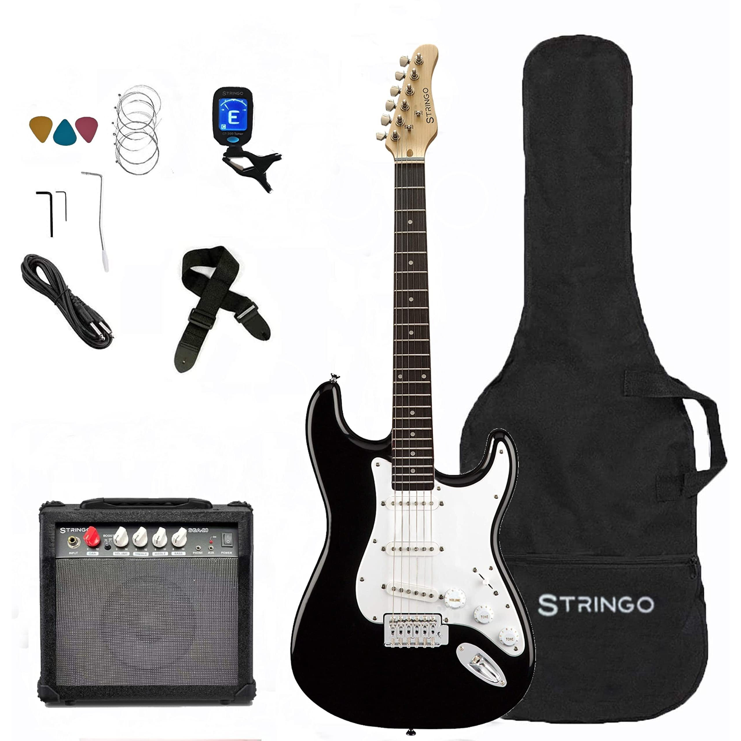 White Electric Guitar Beginner Kit Full Size 39 Inch Set Includes Tremolo Guitar, 20W Amplifier 3 Picks, Shoulder Strap, Tuner, Bag Case