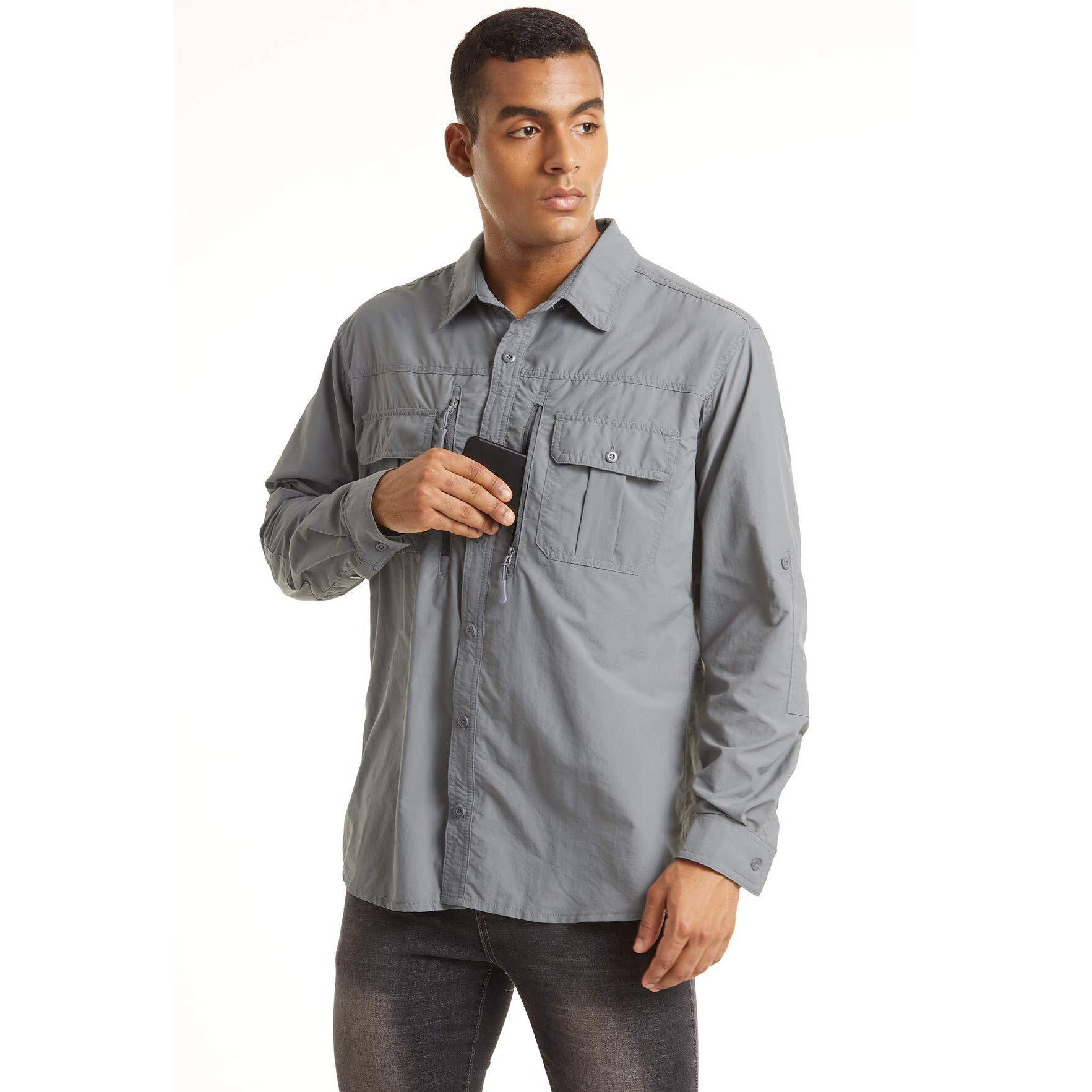Tacvasen Long Sleeve Shirt For Men Button Up Fishing Shirt Quick Dry Fit Safari Shirt Sun Protection Work Shirt Breathable Tactical Shirt Hiking Gray M