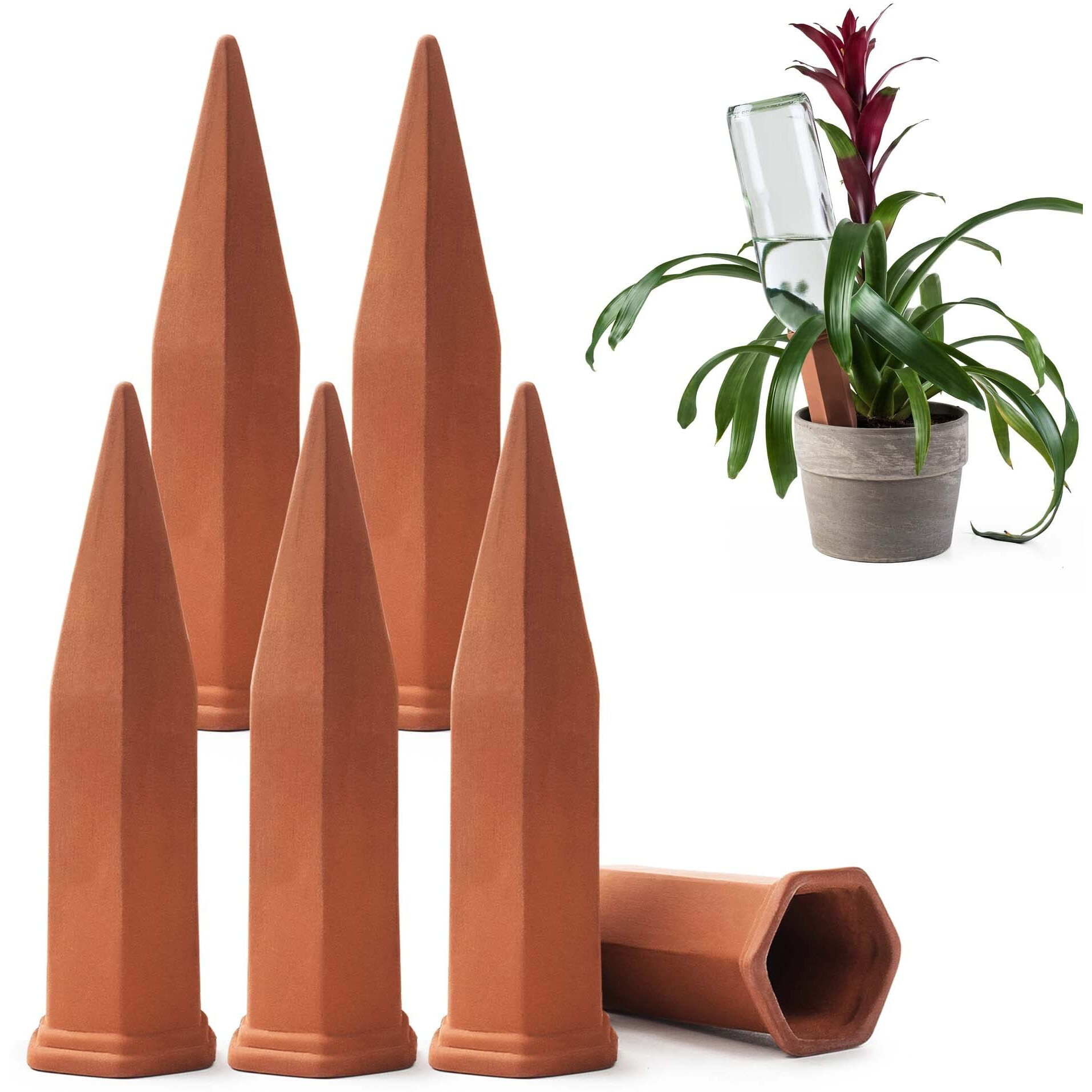 Modern Innovations Ceramic Terracotta Self Watering Spikes (6 Pack) Vacation Automatic Plant Waterer Devices, Indoor/Outdoor Planter Insert, Terra-Cotta Stakes For Potted Plants, Auto-Water System