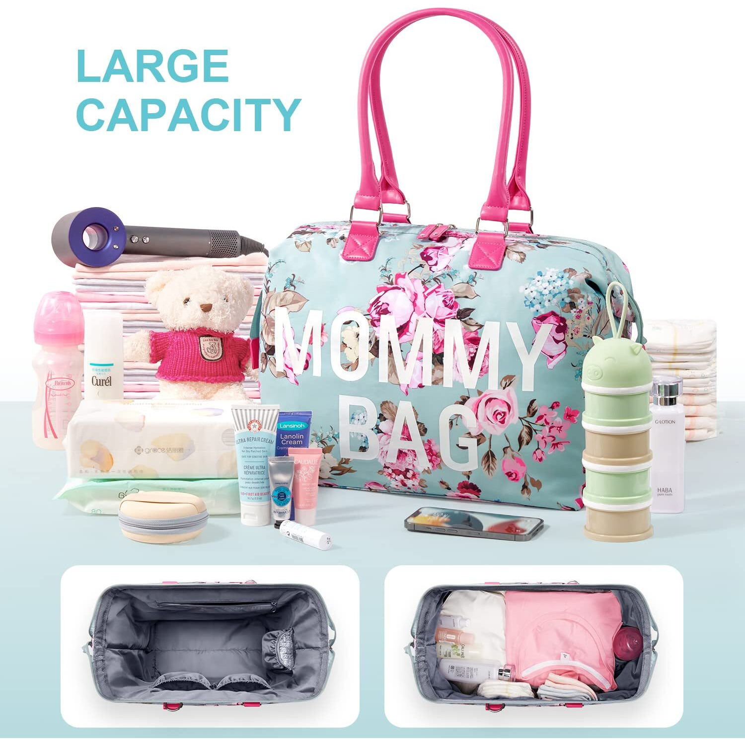 Litbear Mommy Hospital Bag For Labor And Delivery, Large Capacity Waterproof Multifunction Overnight Bag For Women, Mom Bag With Straps (Blue Floral)
