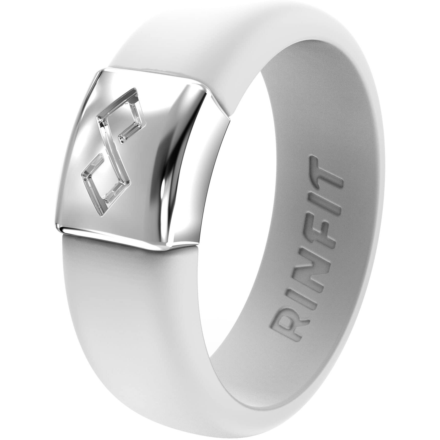 Rinfit Silicone Rings For Women - Silicone Wedding Bands Women - Infinity Ring With Metal Plate - Rubber Rings Women - Metalinfinity Collection - White & Silver - Size 10