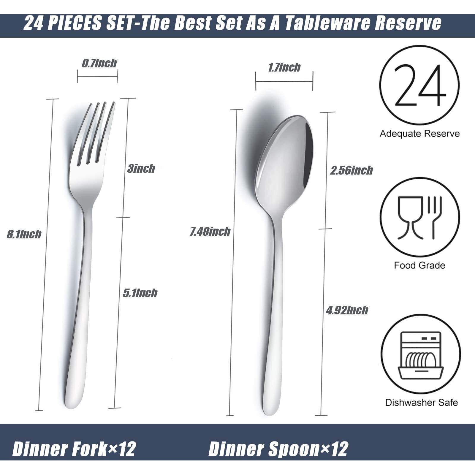 Gymdin 24 Pieces Spoons And Forks Set, Food Grade Stainless Steel Flatware Cutlery Set, Silverware Forks And Tablespoon For Home, Kitchen And Restaurant, Mirror Polished, Dishwasher Safe