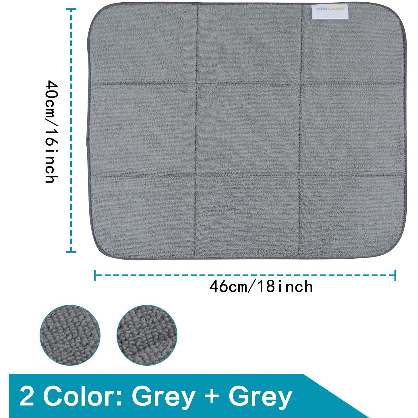 Sinland Microfiber Dish Drying Mat Super Absorbent Dish Drying Rack Pads Kitchen Counter Mat 16X18Inch Dark Grey 2 Pack