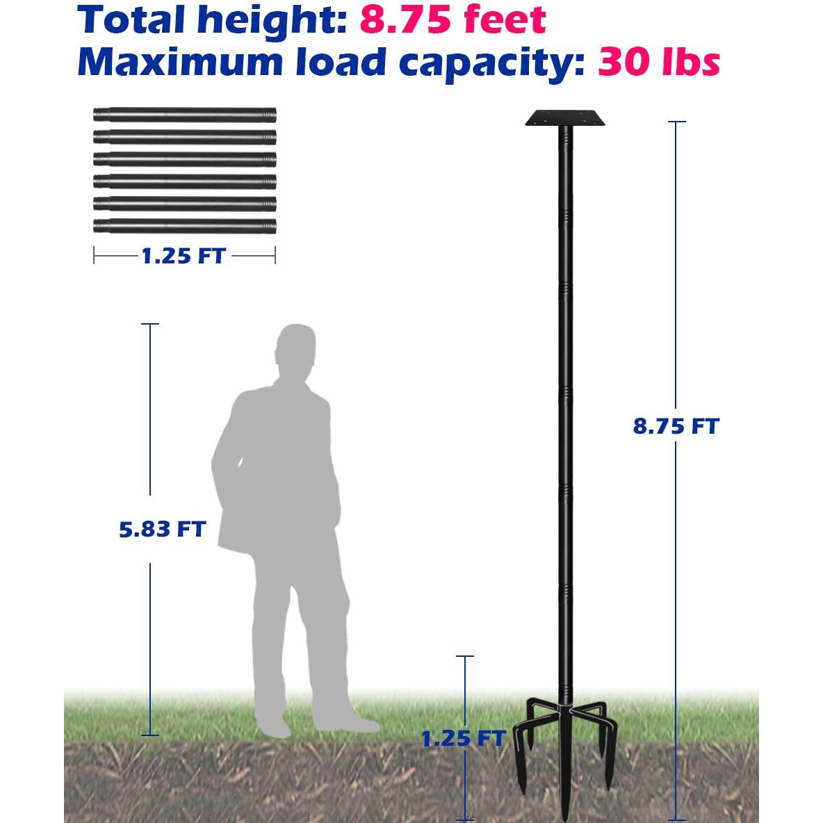 Garbuildman 105 Inch Bird Feeder Pole Kit, Heavy Duty Bird House Pole Set With 5-Forked Base, Adjustable Universal Mounting Post Kit For Outdoors, Matte Black, 1 Pack
