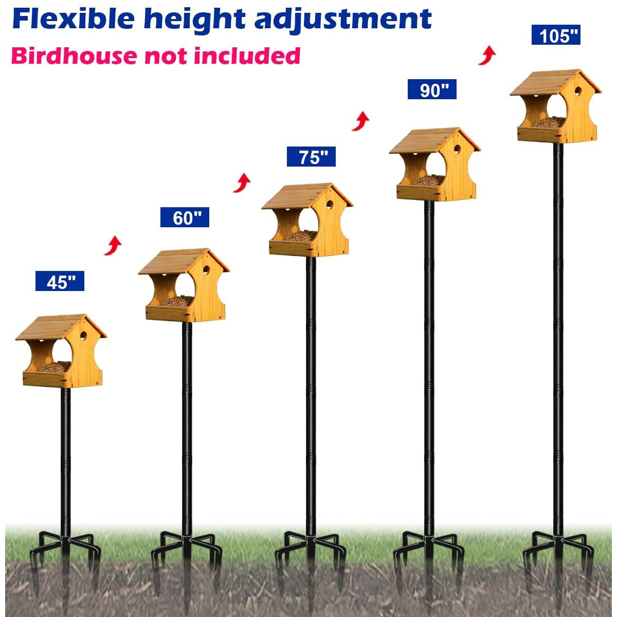 Garbuildman 105 Inch Bird Feeder Pole Kit, Heavy Duty Bird House Pole Set With 5-Forked Base, Adjustable Universal Mounting Post Kit For Outdoors, Matte Black, 1 Pack