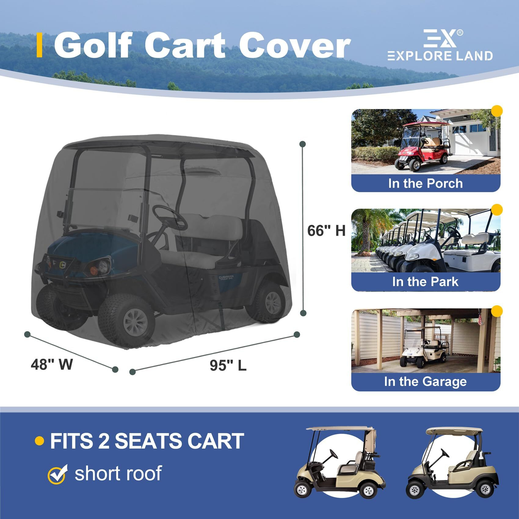 Explore Land 600D Waterproof Golf Cart Cover Fits For Most Brand 2 Passengers Car (Black)