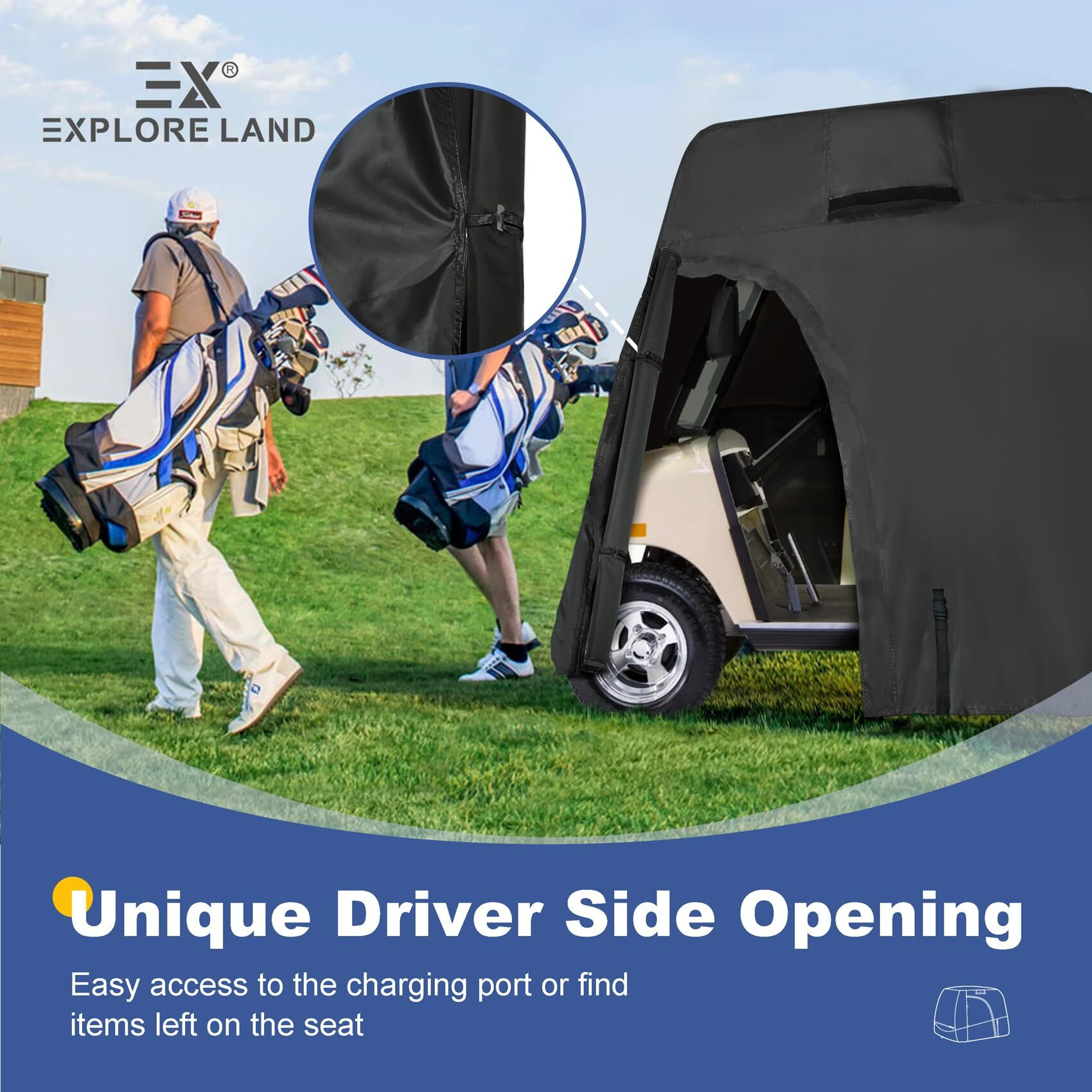Explore Land 600D Waterproof Golf Cart Cover Fits For Most Brand 2 Passengers Car (Black)
