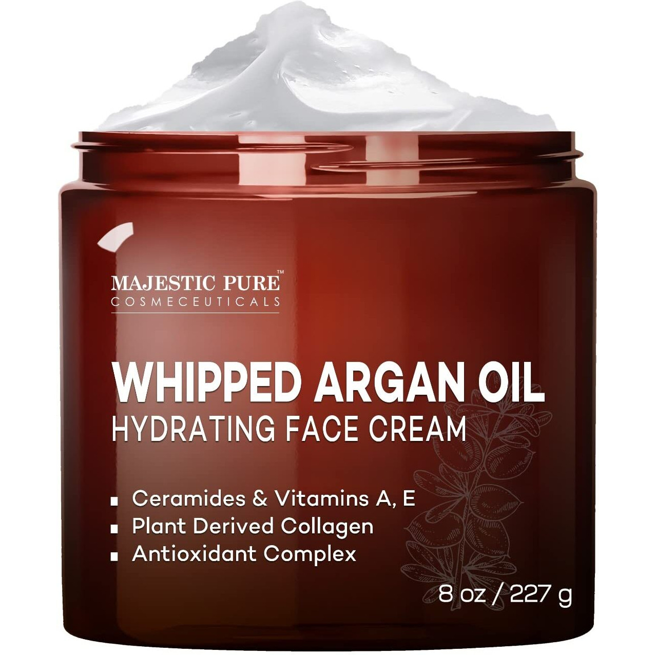 Majestic Pure Whipped Argan Oil Moisturizer Face Cream For Women & Men - With Vitamin E A, Collagen & Ceramides - Hydrates Dry Skin, Oily Skin, Reduces Appearance Of Fine Lines, Acne & Wrinkles - 8Oz