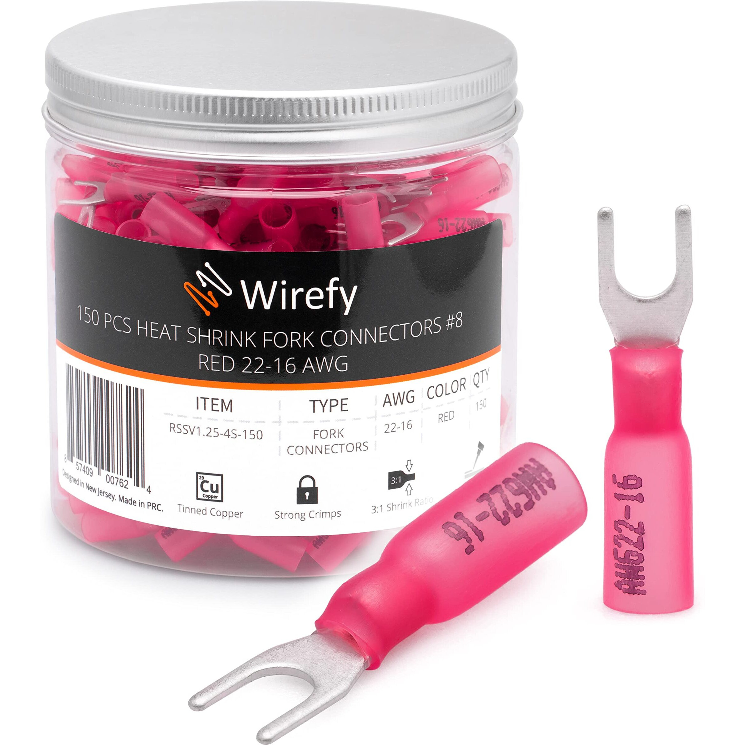 Wirefy 150 Pcs Heat Shrink Fork Connectors 8 - Marine Grade Fork Terminals - Spade Fork Wire Connectors - Red 22-16 Gauge