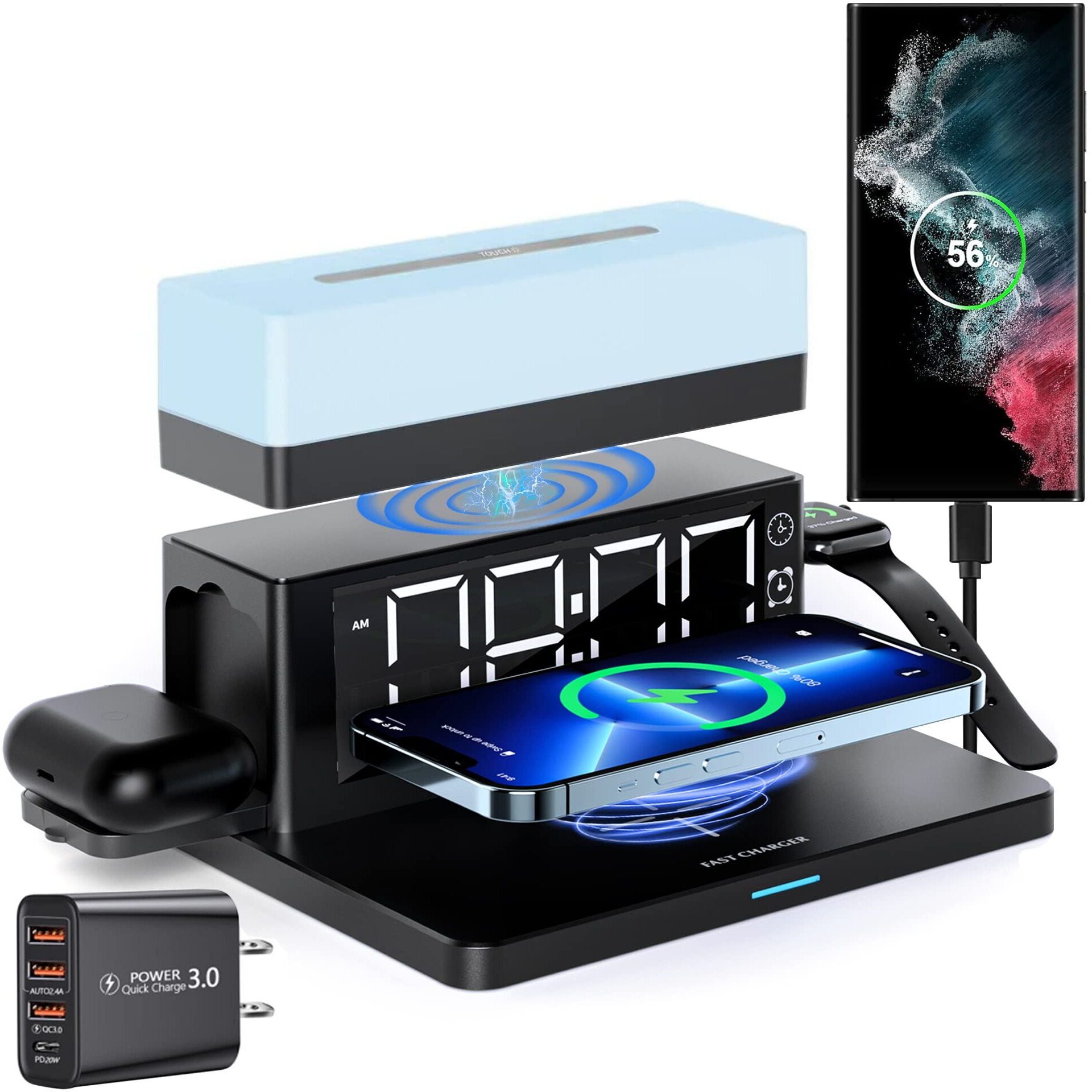 Smsasoeo Wireless Charger,6 In 1 Wireless Charging Station With Digital Alarm Clock & Night Light,15W Fast Charger Compatible With Iphone 14/13/12/11/Xs Samsung Galaxy Airpods & Apple Watch