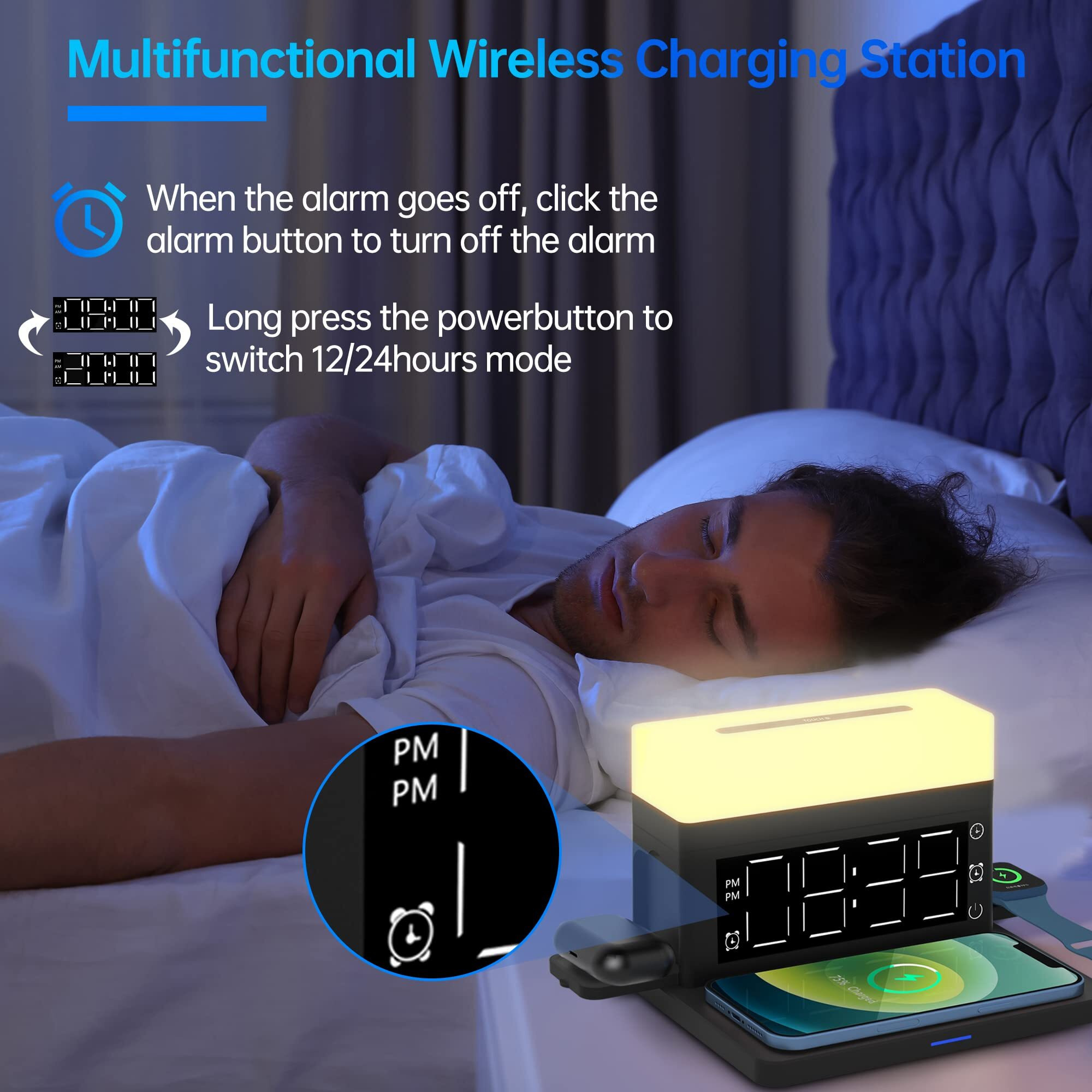 Smsasoeo Wireless Charger,6 In 1 Wireless Charging Station With Digital Alarm Clock & Night Light,15W Fast Charger Compatible With Iphone 14/13/12/11/Xs Samsung Galaxy Airpods & Apple Watch