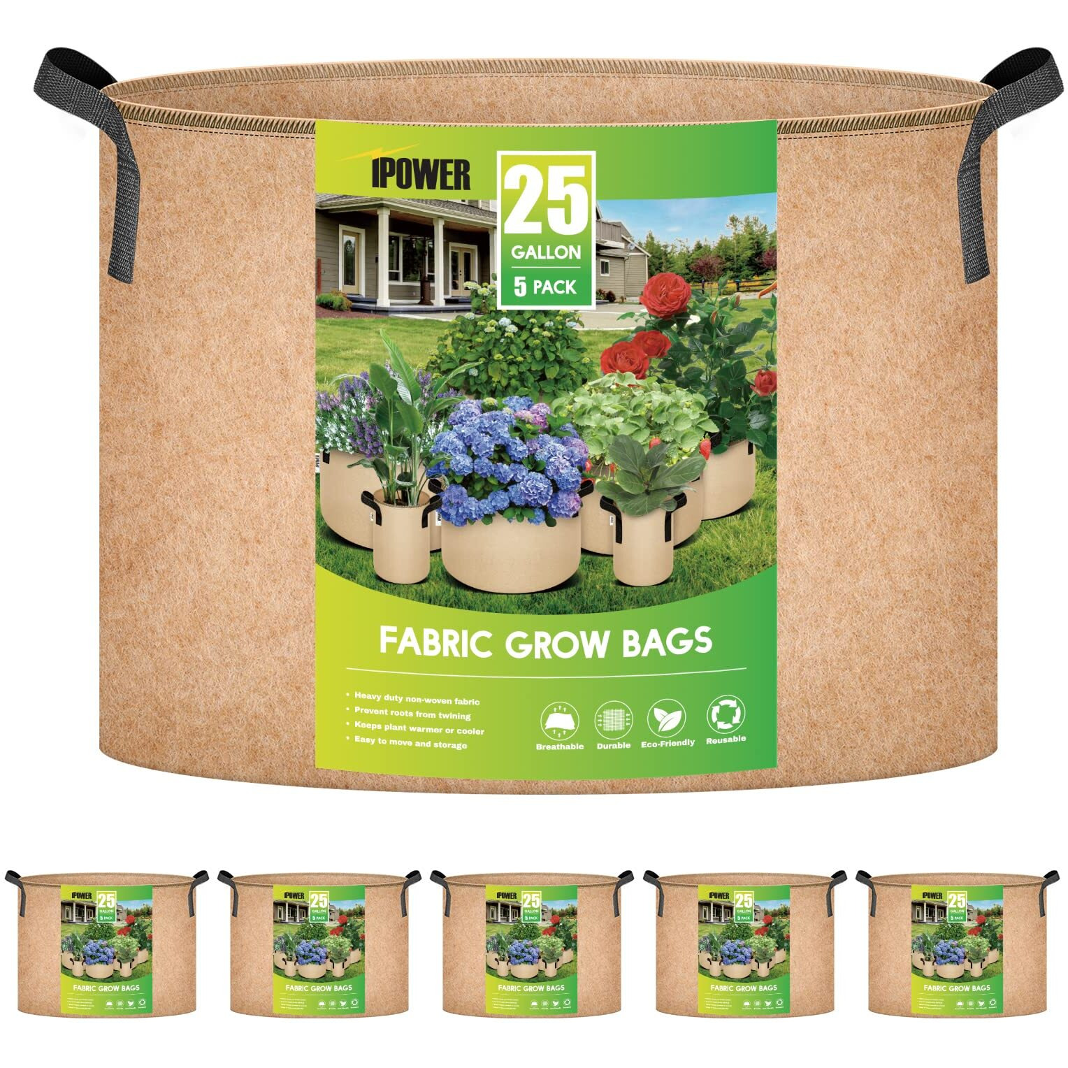Ipower 5-Pack 25 Gallon Plant Grow Bags Thickened Nonwoven Aeration Fabric Pots Heavy Duty Durable Container, Strap Handles For Garden, Tan