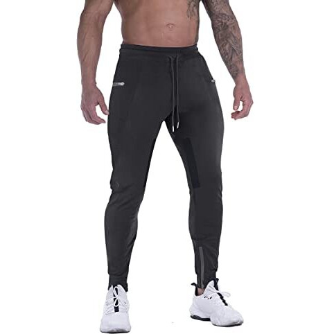 Firstgym Mens Joggers Sweatpants Slim Fit Workout Training Thigh Mesh Gym Jogger Pants With Zipper Pockets Black