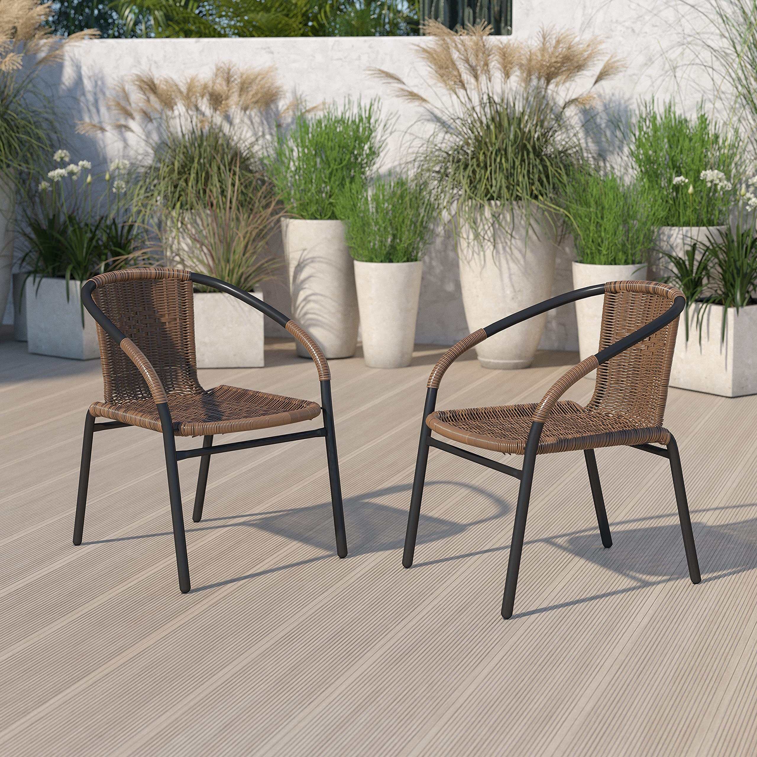 Flash Furniture 2 Pack Medium Brown Rattan Indoor-Outdoor Restaurant Stack Chair