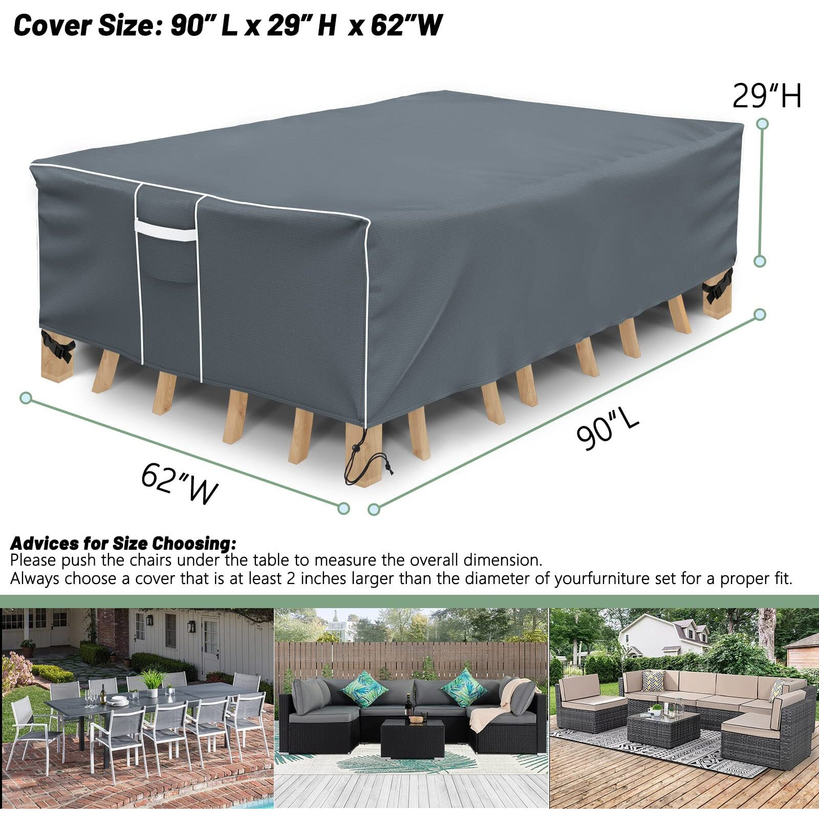 Gasadar Patio Table Cover, Waterproof Outdoor Table Cover Rectangular, 600D Heavy Duty, 90 "" L X 62 "" W X 29 "" H, Grey