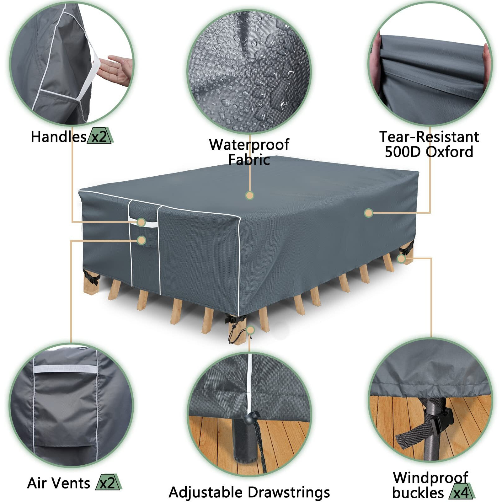 Gasadar Patio Table Cover, Waterproof Outdoor Table Cover Rectangular, 600D Heavy Duty, 90 "" L X 62 "" W X 29 "" H, Grey