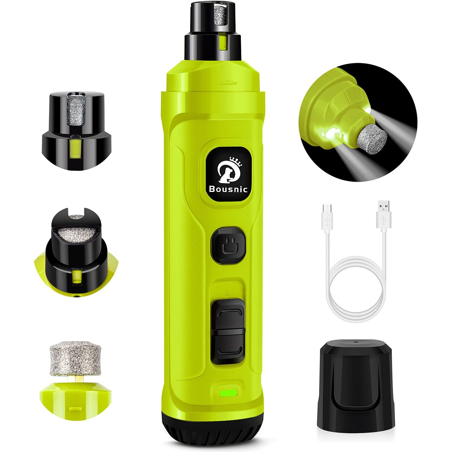 Bousnic Dog Nail Grinder With 2 Led Light - Super Quiet Pet Nail Grinder Powerful 2-Speed Electric Dog Nail Trimmer File Toenail Grinder For Puppy Small Medium Large Breed Dogs & Cats (Green)