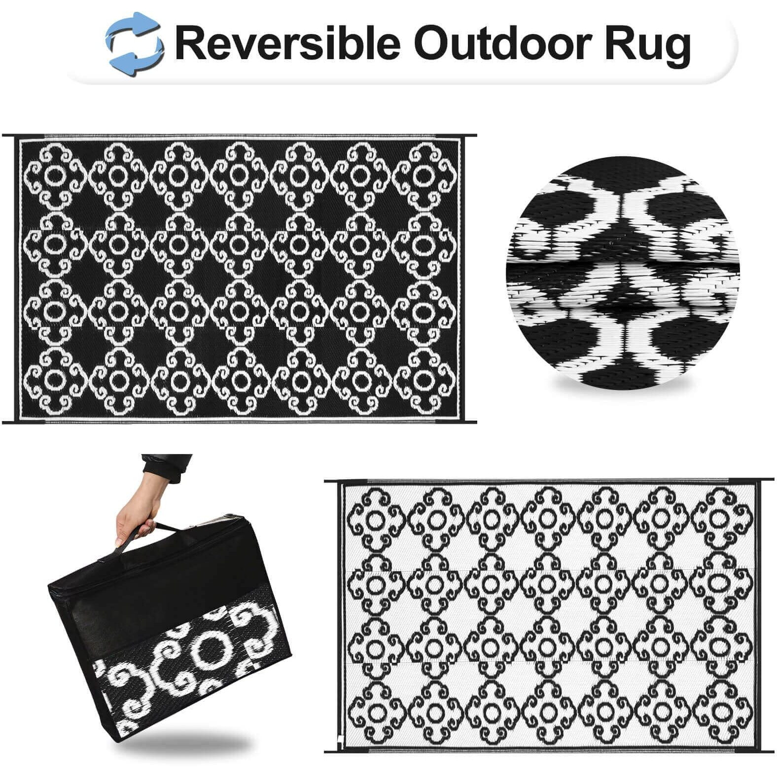 Outdoorlines Outdoor Reversible Rugs For Patio 5X8 Ft - Outside Plastic Carpet, Stain & Uv Resistant Portable Rv Mat, Straw Rug For Camping, Backyard, Deck, Picnic, Porch Moroccan Flower Black & White